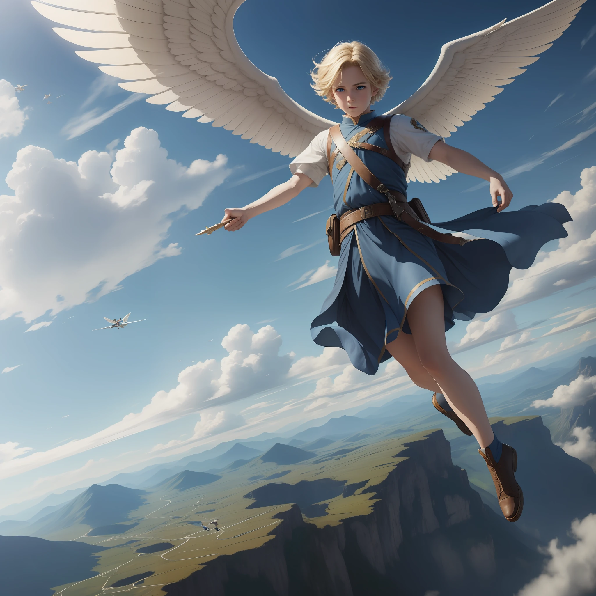 (Masterpiece) 8K resolution, beautiful boy flying with big wings, blonde short bob hair, ash blue eyes, kind face, fantasy style,