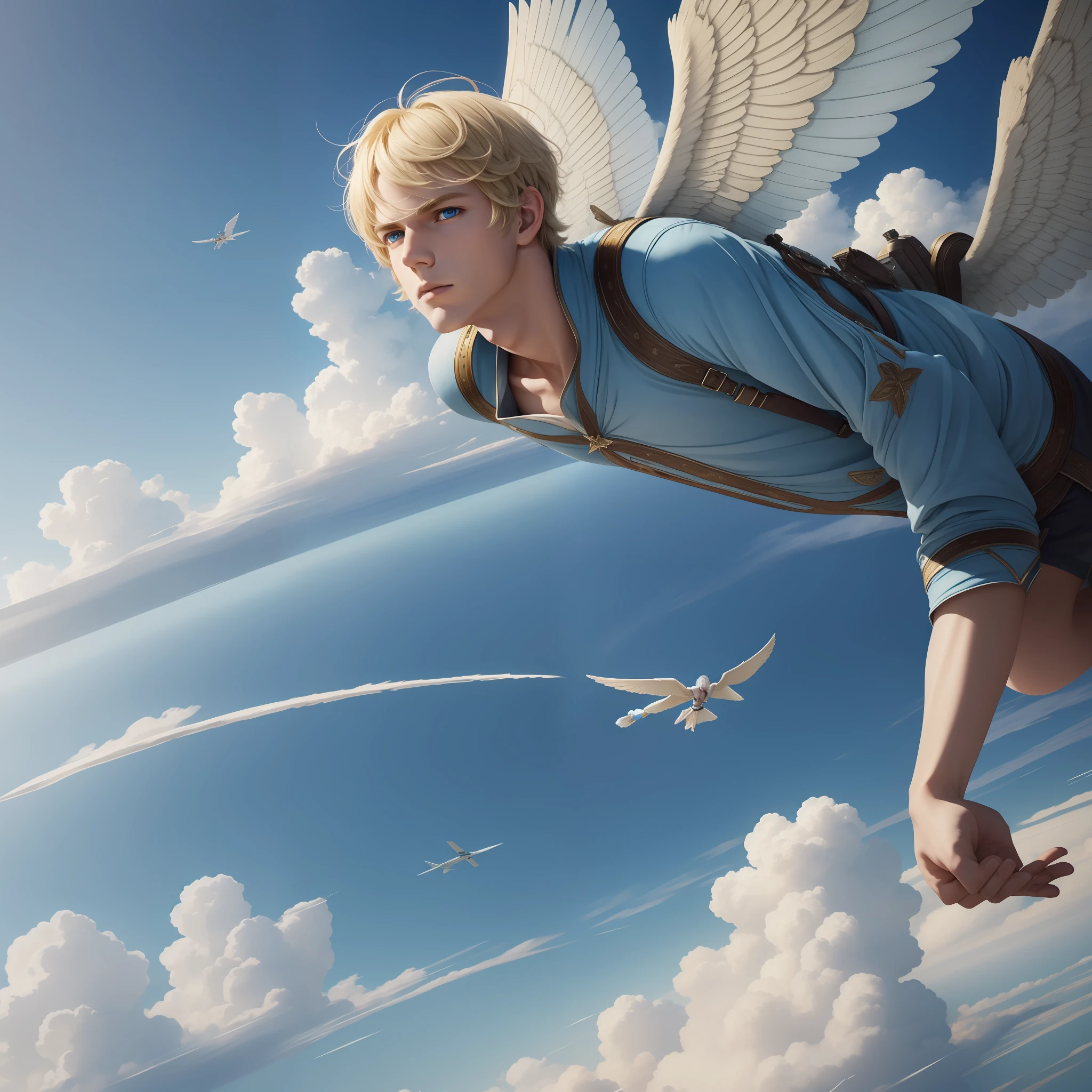 (Masterpiece) 8K resolution, beautiful boy flying with big wings, blonde short bob hair, ash blue eyes, kind face, fantasy style,