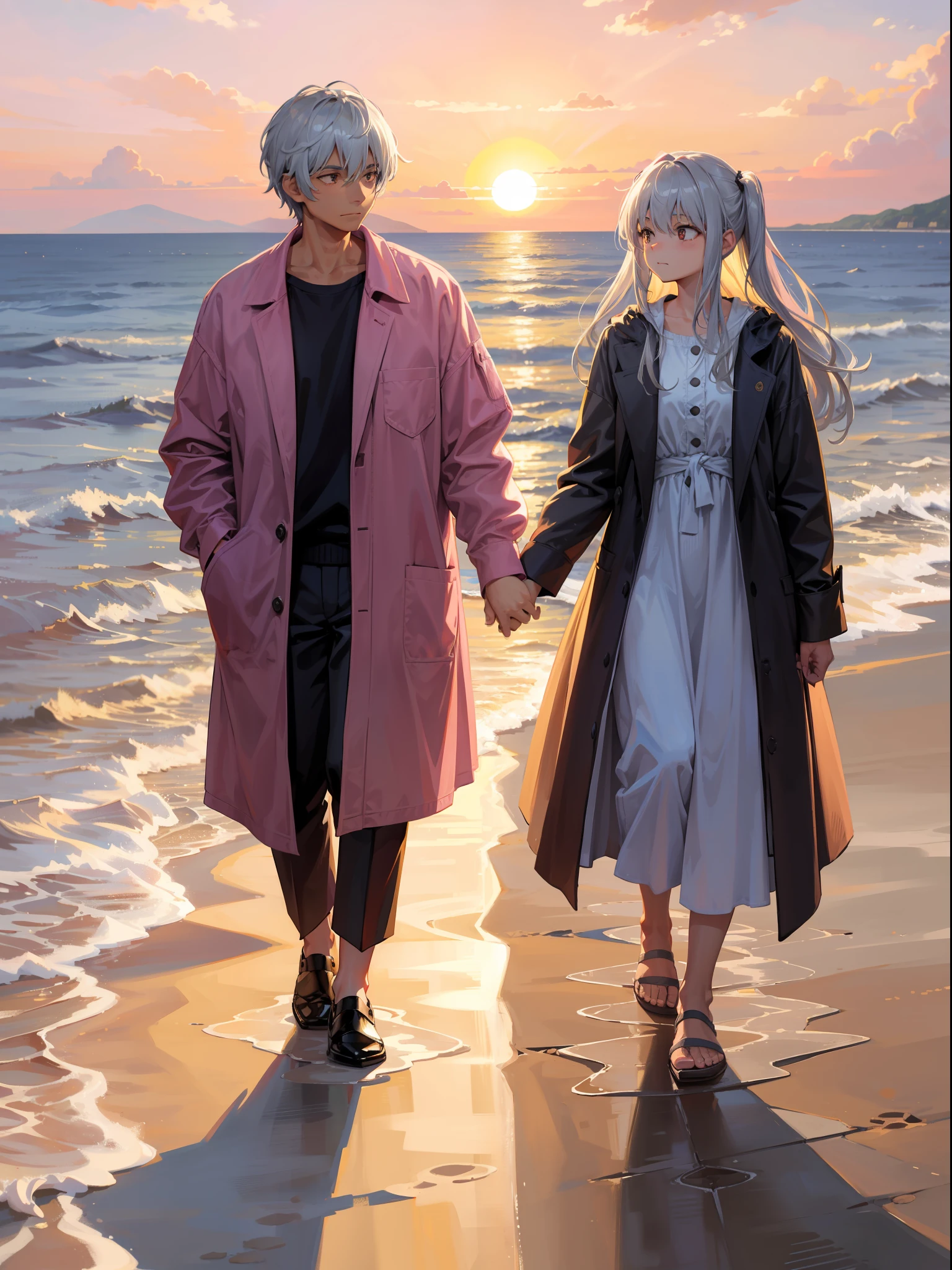 grey hair old man and silver hair old woman, the sun painted the sky in hues of orange and pink, casting a warm glow on their faces.As they stood on the shore, a gentle breeze caressed their faces, Looking into each other's eyes, setting sun casting a golden glow upon them, Hand in hand, they walked along the shore, leaving footprints in the sand