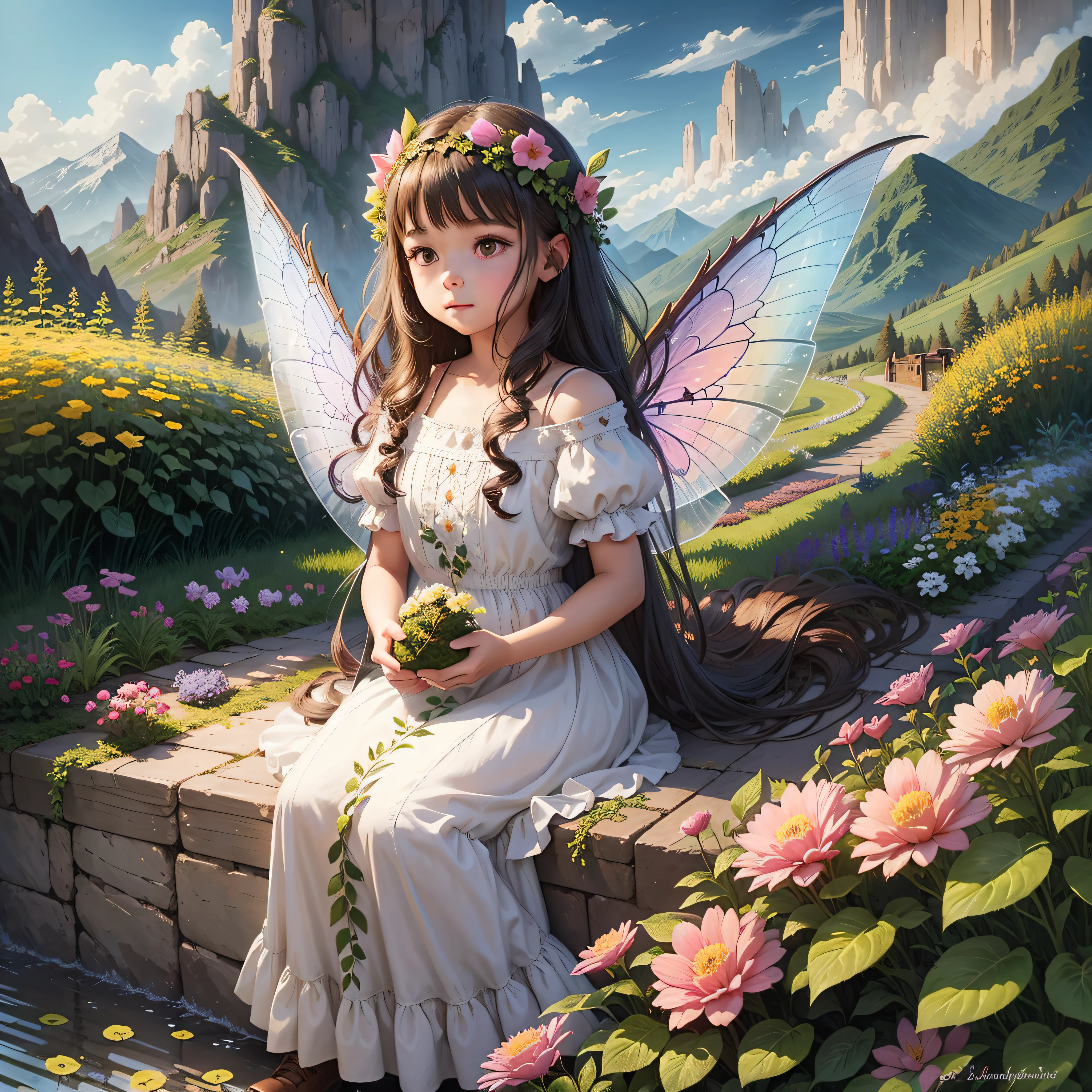 little girl with long dress in her garden receiving a magical seed of a beautiful fairy with beautiful wings to plant in her garden with a landscape on the background of mountains bright colors beautiful drawing for children to love --auto --s2