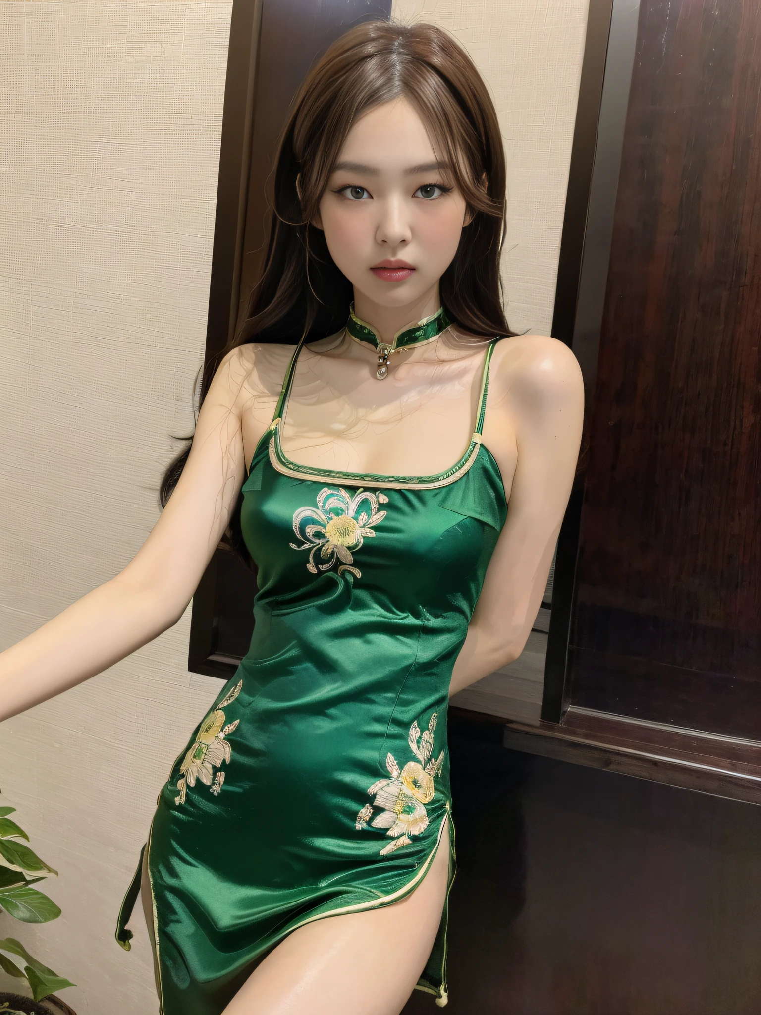 ((Night view, realistic light, best quality, 8k, masterpiece: 1.3)), 1girl, beautiful woman with slim figure, brown hair, wearing green cheongsam, embroidered, sleeveless, sexy, cleavage, split end, long legs, super detailed face, detailed eyes, double eyelids