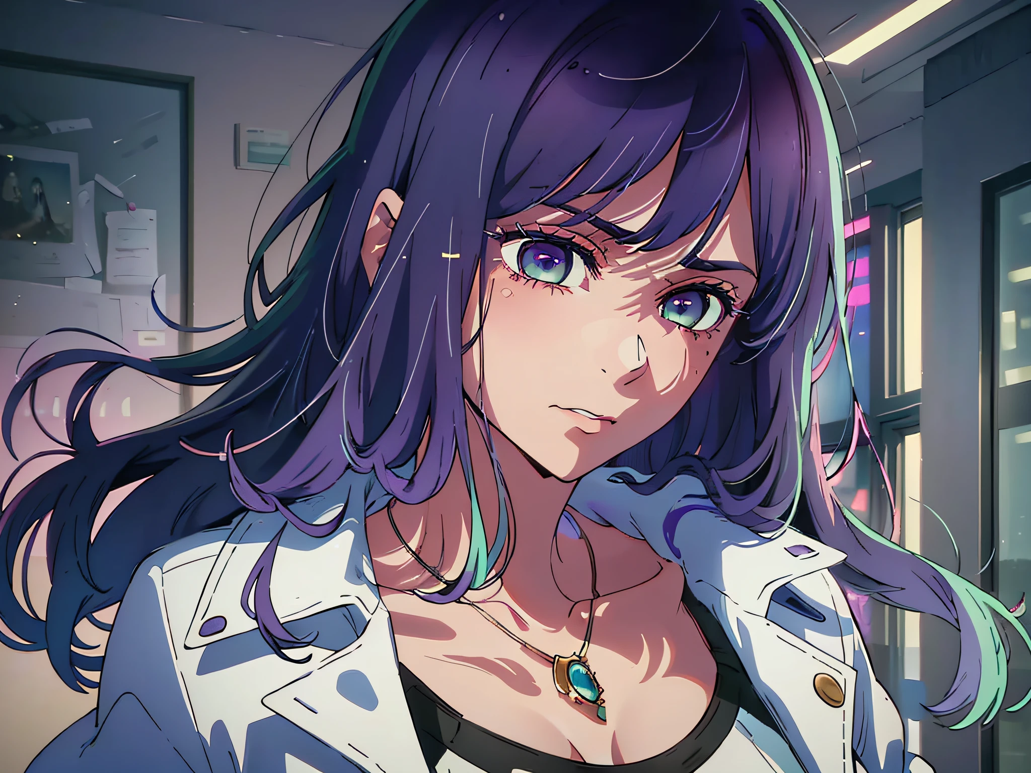 High resolution, highest quality, illustration, super detailed, (detailed face), (detailed eyes), cinematic lighting, best quality, super detailed, masterpiece, fine lines, 1girl, solo, purple hair, purple eyes, white coat, pink shirt, jewelry, necklace, glowing eyes, medium breasts, light, (colored), upper body, indoor, angry