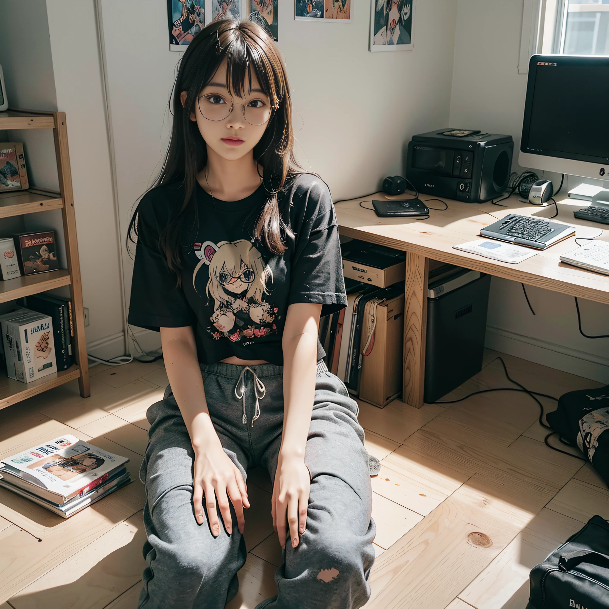 (8k, RAW photos, best quality, masterpieces, : 1.2), (realistic, photorealistic: 1.37), (1 girl, solo: 1.3), 18 years old Japan girls living in a dirty room, (dreamy, soft pastels, bedroom, cozy atmosphere, warm lighting: 1.2), anime otaku girls, black hair, short hair, (disheveled hair, unkempt hair: 1.3), bangs, smile, happy look, small bust, wearing glasses, (crop t-shirt with anime character print: 1.3), sweatpants, shorts, loungewear, headphones, sitting on the floor, scruffy posture, cross-legged, relaxed, cheerful, (heaped comics littered on the floor: 1.3), (littered with garbage, messy room, Clothes left undressed on the floor, empty cans lying on the floor: 1.3), (figure collection case, decorated with many anime character figures: 1.3), (many posters of anime characters on the wall: 1.3), stuffed animals, watching anime on the monitor, potato chips on the desk, spilled potato chips, Energy drinks on your desk, ultra-high resolution, physically based rendering, cinematic lighting, dynamic angles