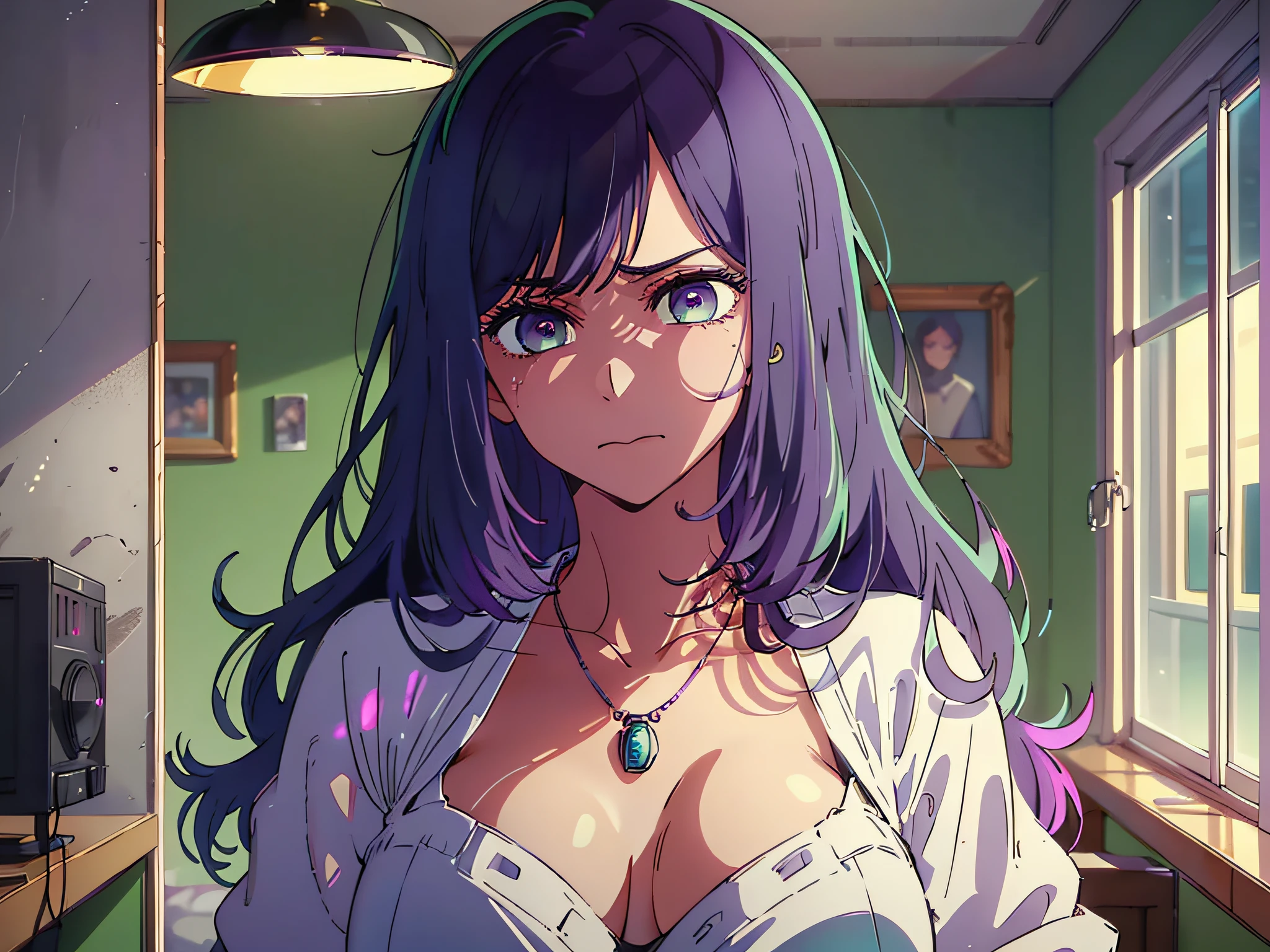 High resolution, highest quality, illustration, super detailed, (detailed face), (detailed eyes), cinematic lighting, best quality, super detailed, masterpiece, fine lines, 1girl, solo, purple hair, purple eyes, white coat, pink shirt, jewelry, necklace, glowing eyes, medium breasts, light, (colored), upper body, indoor, angry