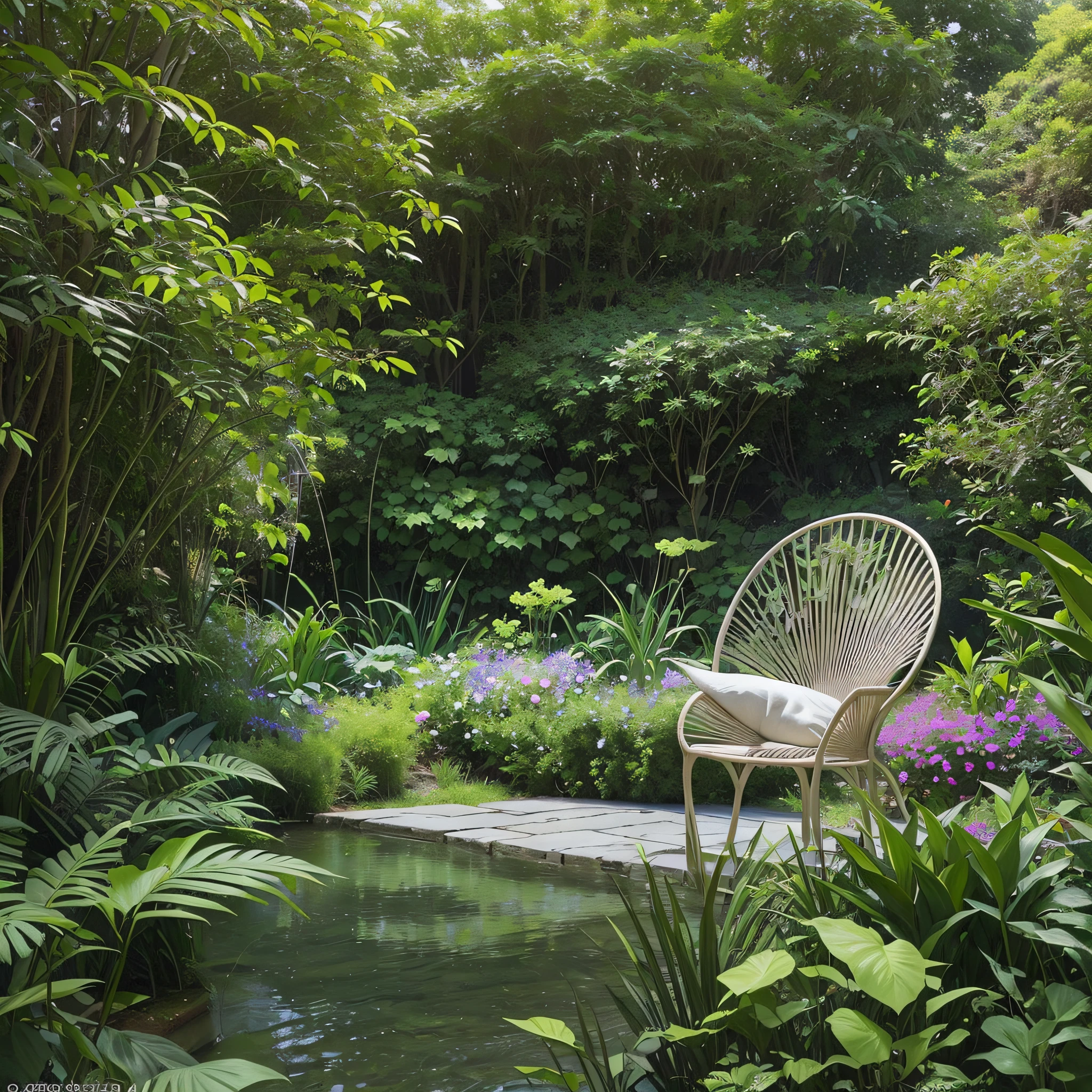 there is a chair that is sitting in a small garden, lush chic garden, green terrace, garden environment, dense with greenery, lush garden surroundings, backyard garden, garden at home, garden, an elegant green, lush garden, outdoor design, garden setting, with a garden, lush greenery, lush garden in the background, zen garden, beautiful aesthetic design, plants and patio