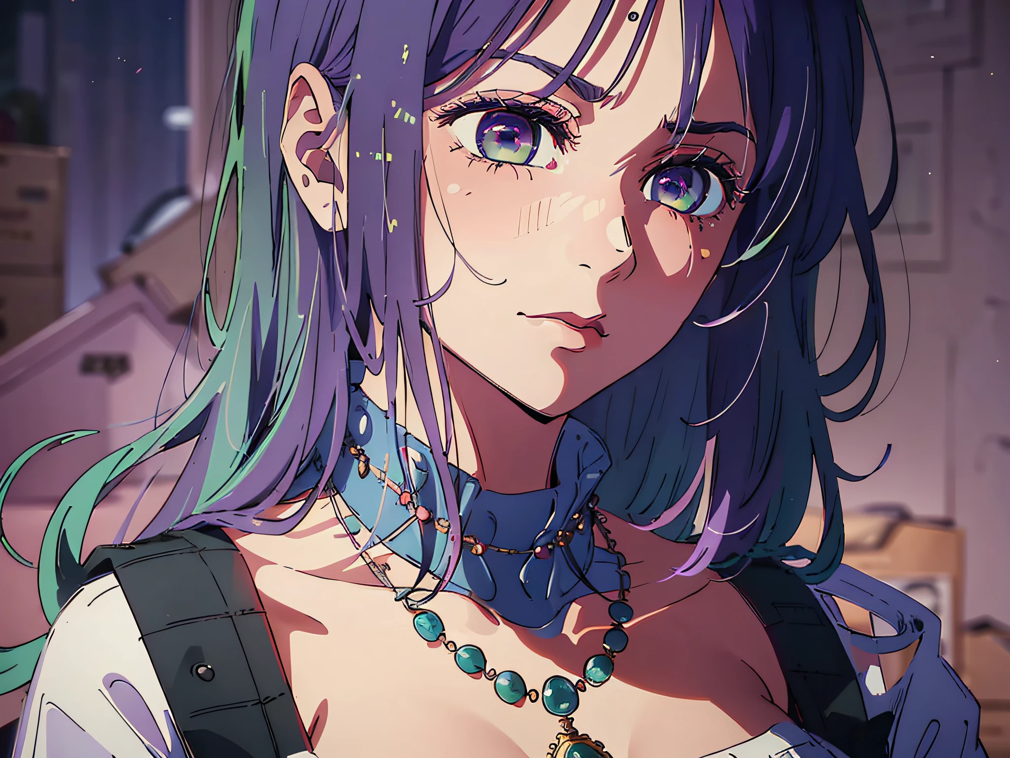 High resolution, highest quality, illustration, super detailed, (detailed face), (detailed eyes), cinematic lighting, best quality, super detailed, masterpiece, fine lines, 1girl, solo, purple hair, purple eyes, white coat, pink shirt, jewelry, necklace, glowing eyes, medium breasts, light, (colored), upper body, indoor, angry