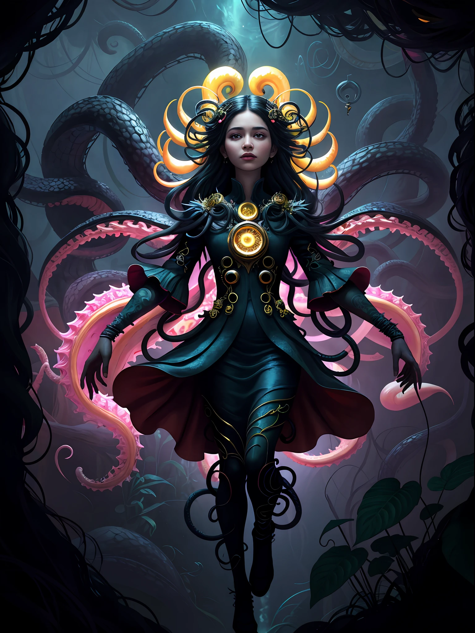 ((best quality)), ((masterpiece)), (high detail), (highres), looking up at the infinite length of the universe, endless galaxies, dangerous black holes, exploding supernovae, floating stars, endless stairs, nebulae, ominous, cinematic atmosphere, negative dark mode, mc escher, senseijaye art, matrix atmosphere, digital code rotation, matte painting," A golden pearl girl wrapped around a jungle vine, detailed facial features, extremely delicate and beautiful", colorful poisonous flower vines, surrounded by swarms of red tentacles, antennae: 1.5), swarms of tentacles in the background, fluffy, detailed, cinematic lighting, vibrant nature, volumetric light, trend on artstation, Octane rendering.", trends on artstation, clear focus, studio photos, Intricate detail, very detailed, ((fantasy)), intricate, Unreal Engine,