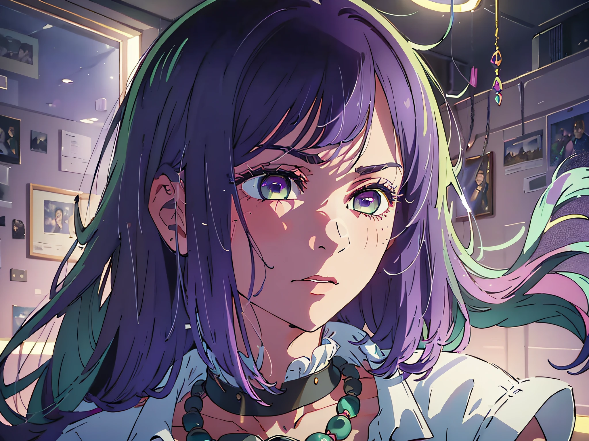 High resolution, highest quality, illustration, super detailed, (detailed face), (detailed eyes), cinematic lighting, best quality, super detailed, masterpiece, fine lines, 1girl, solo, purple hair, purple eyes, white coat, pink shirt, jewelry, necklace, glowing eyes, medium breasts, light, (colored), upper body, indoor, angry