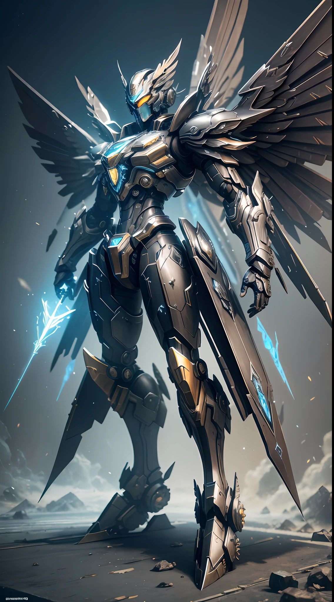 Steampunk style, cold tones, cinematic effects, huge sci-fi mecha, pure black mecha with strong metallic luster, metallic wings on the back, wings are feathers and layered, holding Fang Tianji, Fang Tianji particle light, Fang Tianji particle special effects, aesthetic, scattered, combat posture, battle posture display, super details, perfect details, 8K, top painting, feature article, studio environment, concept art, epic composition, with HD details, metallic texture and tension composition, hyper-realistic, ultra-realistic, rich in details.3D. C4D,