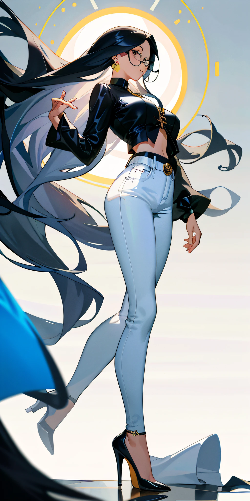 Best quality, masterpiece, super high resolution, original photo, a woman, white flowing long hair, blue jeans, high heels, black top, bare breast, busty figure, glasses,