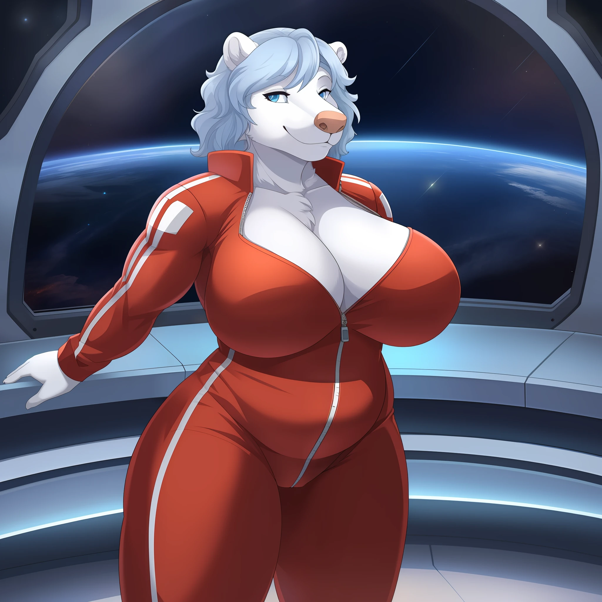 Polar bear, solo, female, muscular, fat, big biceps, big breasts, saggy breasts, mature female, old, white fur, light blue hair, wavy hair, short hair, light blue eyes, detailed eyes, detailed hands, red jumpsuit, red spacesuit, space, spaceship, window, standing, cameltoe, soft smile, big nose, (((snout, thick snout)))