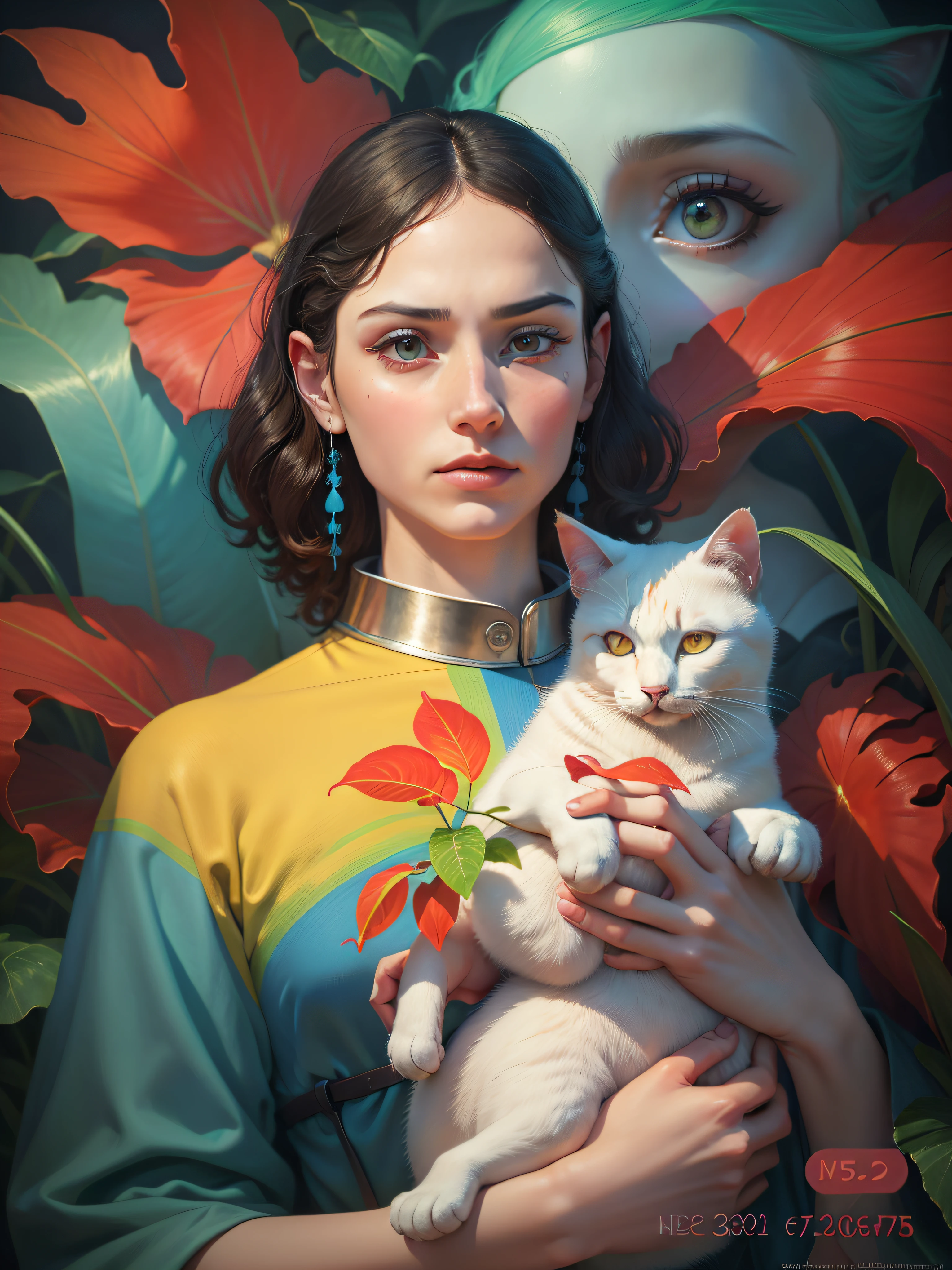 a woman on a holding a cat and arainbow color in a plant, in the style of alex gross, surrealistic dreamscapes, close up, light red and azure, classical portraiture, optical illusions, precisionist --ar 3:4--92--S750--v 5.1 --auto --s2