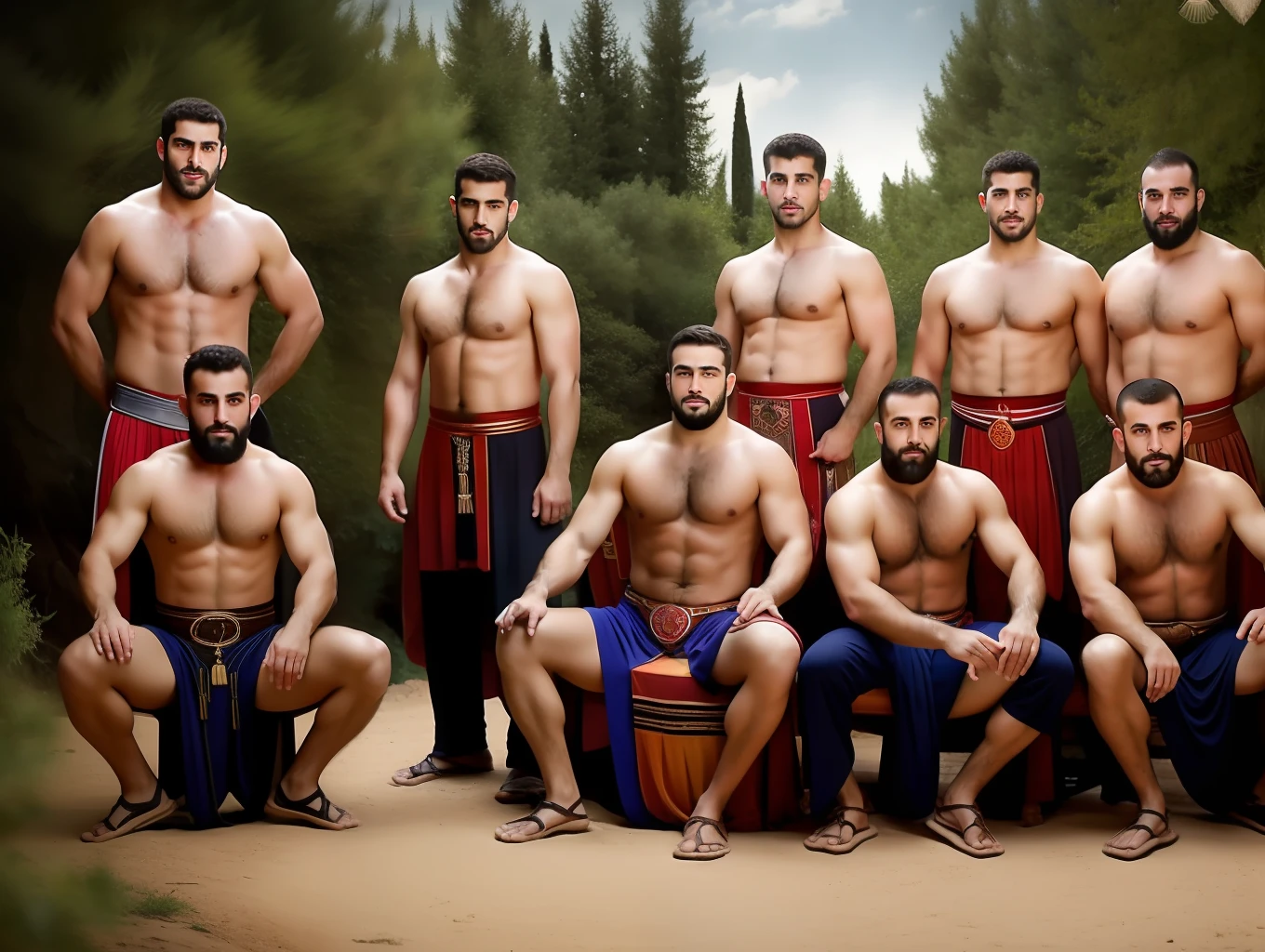 Masterpiece, creat a high resolution Portrait.  Druze 6 family young and mature handsome men in a small village as modern turkish wrestlers, hairy, very oiled masculine men ,traditional, hairy chest,druze village,hefty, wisdome, shirtless, trees, exposed, intimate, slim, modeling, weapons.  Realistic.