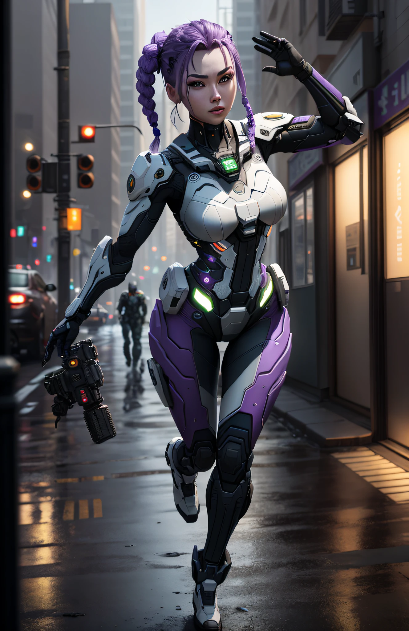 (Best Quality)), ((Masterpiece)), (Very Detailed: 1.3), 3D, Beautiful cyberpunk woman, batman cosplay, sci-fi technology, HDR (High Dynamic Range), ray tracing, nvidia RTX, super resolution, unreal 5, subsurface scattering, PBR texture, post-processing, anisotropic filtering, depth of field, maximum sharpness and sharpness, multi-layer texture, specular and albedo mapping, surface shading, accurate simulation of light-material interactions, perfect proportions, octane rendering, duotone lighting, low ISO, white balance, rule of thirds, wide aperture, 8K RAW, high efficiency subpixels, subpixel convolution, light particles, light scattering, Tyndall effect, very sexy, full body, battle pose, purple hair with braids,