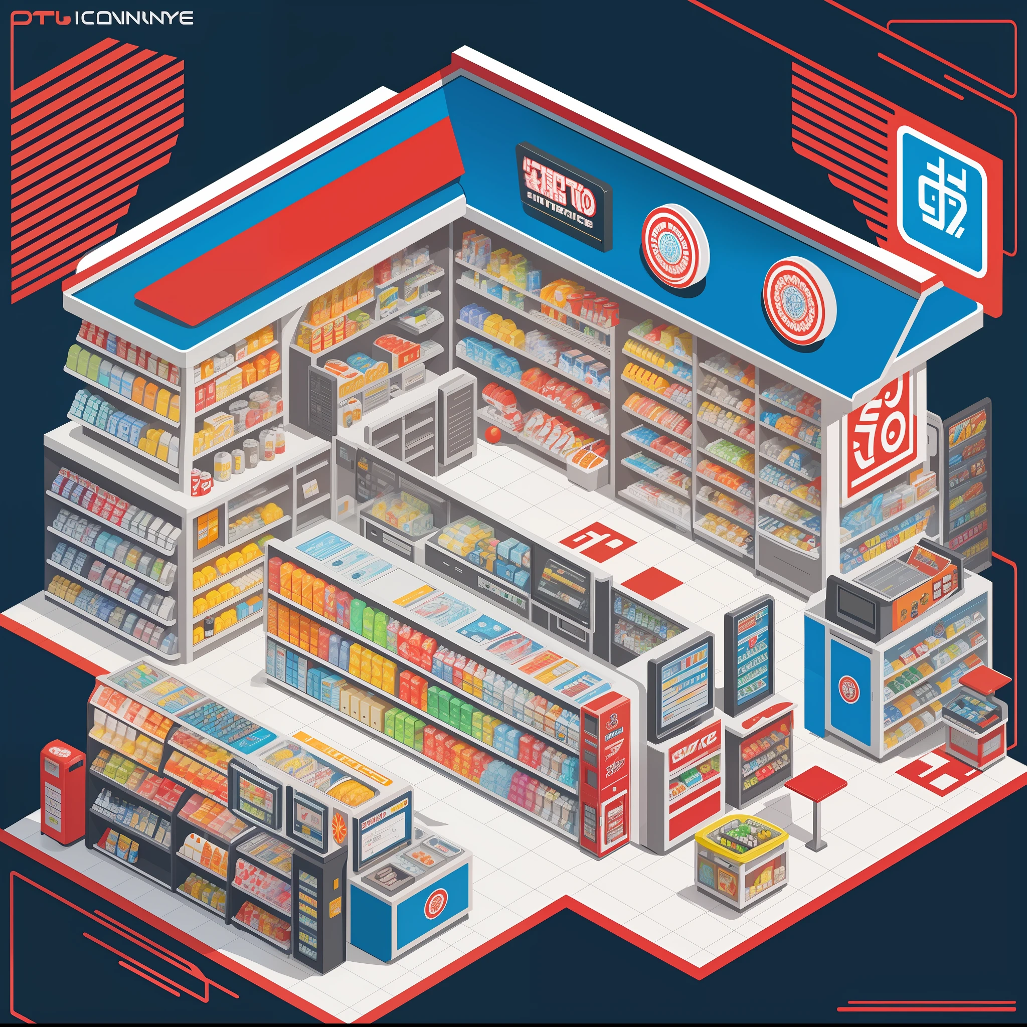 Round heraldic silhouette, illustration of futuristic convenience store, big tomato in front, convenience store, commercial illustration very coherent, white background, fantasy art, bright colors, concept illustration, rzminjourney, vector art, realistic style rich vivid colors, high contrast, seamless water brand, art station, deviation art, dribbling, red bubbles, sharp focus, simple, hyperdetail, detailed drawing, vectorization, contour, isometric style, 8k.