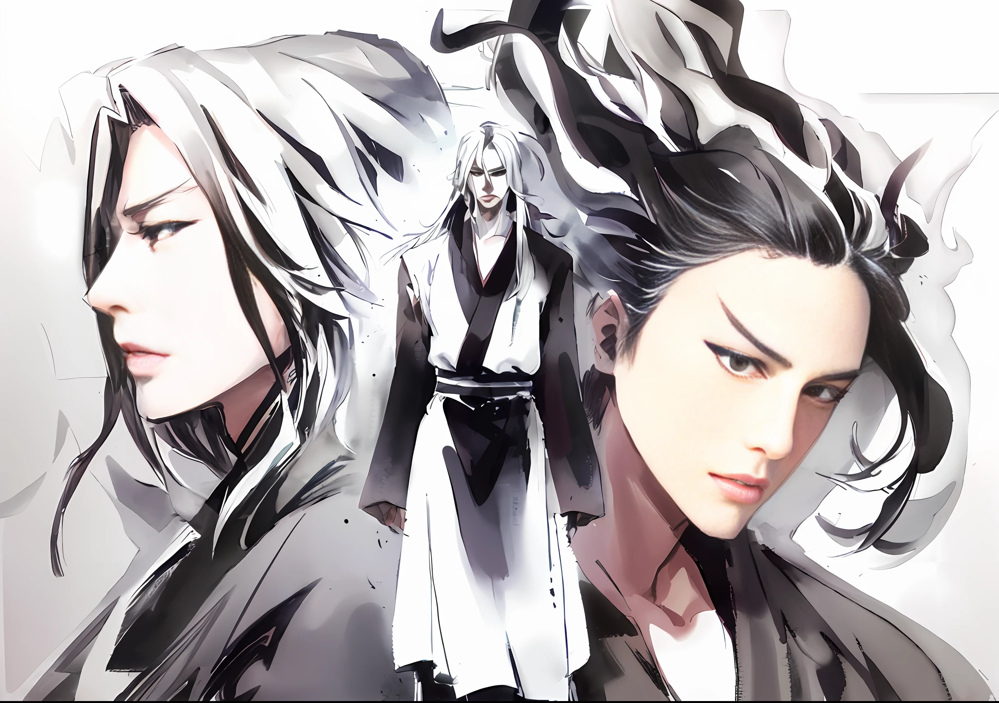 a drawing of two people with long hair and a sword, bleach manga style, flowing hair and long robes, black and white manga style, black and white manga page, black and white manga panel, black and white manga, black and white manga comic, inspired by Tōshūsai Sharaku, striking manga artstyle, official illustration, ink manga drawing