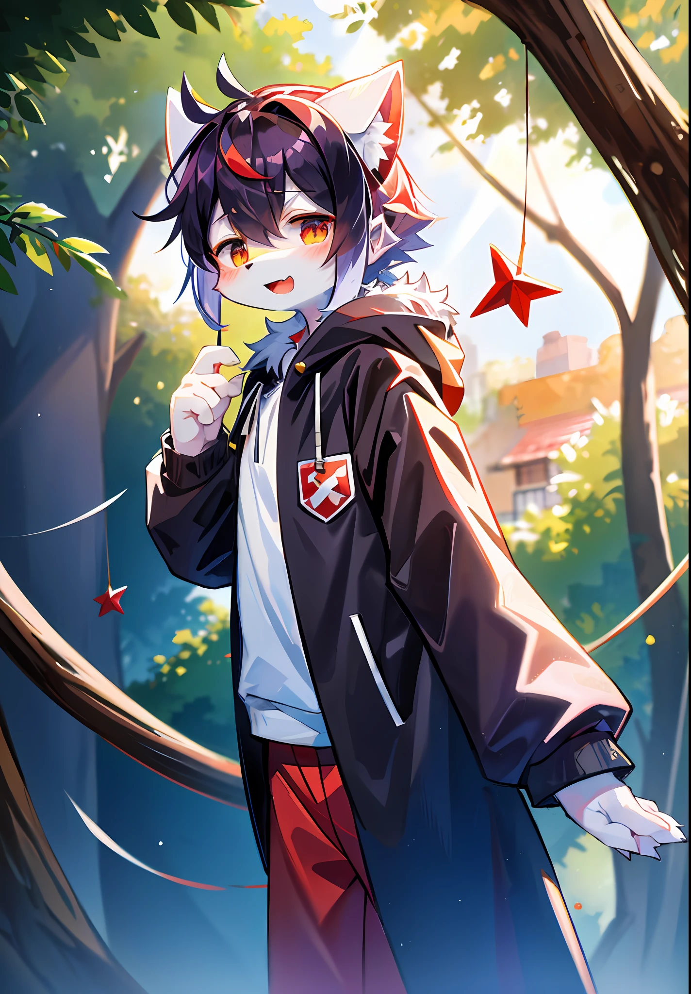 (masterpiece:1.3), (2D:1.0), (anime:1.0), (illustration:1.0), (sharp:1.2), (hard light:1.0), (shadow:1.0),(reflection, refraction:0.8), (light, dappled light, glare, lens flare, Tyndall effect: 1.0), (sharp, shiny: 1.0), (Best Quality: 1.2), (Ultra Fine: 1.0), (Extremely Complex: 1.0), (Blurred foreground, Cinematic Light, Ray Tracing: 1.1), (bright_colors, dark_intense_shadows: 1.1), (Impasto, Colorful: 1.2), (warm_light_from_below, glow_white_ particles：1.1），（Ensemble_Stars！ _\(style\):0.95). wolf_boy,anthro,uploaded_on_e621,solo,upper_body,cowbow_shot,male_focus,furry_kemono,furry_male,cub,young_male,bishounen,11_years_old,kawaii,cute,fancy,fragile,cool, handsome. detailed_fluffy_fur,tuft,(white_fur,body_fur,oil_skin,skin_with_fluffy_fur:1.3),animal_nose,animal_ear_fluff,fluffy_paws,pawpads,animal_hand,fluffy_big_tail。 Black clothes printed with a maple leaf pattern. (White hooded cape, red and black hoodie: 1.5), short male hair, white hair, purple eyes, closed eyes, bangs, red dull hair, designed according to the character of Genshin Manyo, open mouth, laugh wildly, light blush, goggles, raised hand, holding red katana, red metal leg ring on the thigh of the right leg is short, bottomless, (combat: 1.2), looking at the left front. (night, starry_sky, crescent_moon, star_\(sky\), gem, plant, star_\(symbol\), sparkle), outdoors, blood stains, corpse,