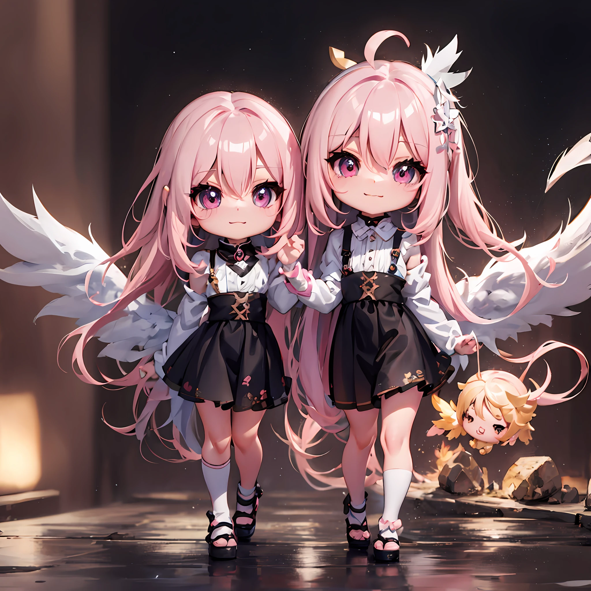 1 anime angel doll, (Chibi: 1.2), 8K high quality detail art, white feathers on the back, pink hair, gradient, twinkle, style as Nendoroid, stylized anime, anime style 4K, cute detailed digital art, Guweiz style artwork, 8K octar rendering photos, advanced digital chibi art, Cute 3d render, anime style, light, glow