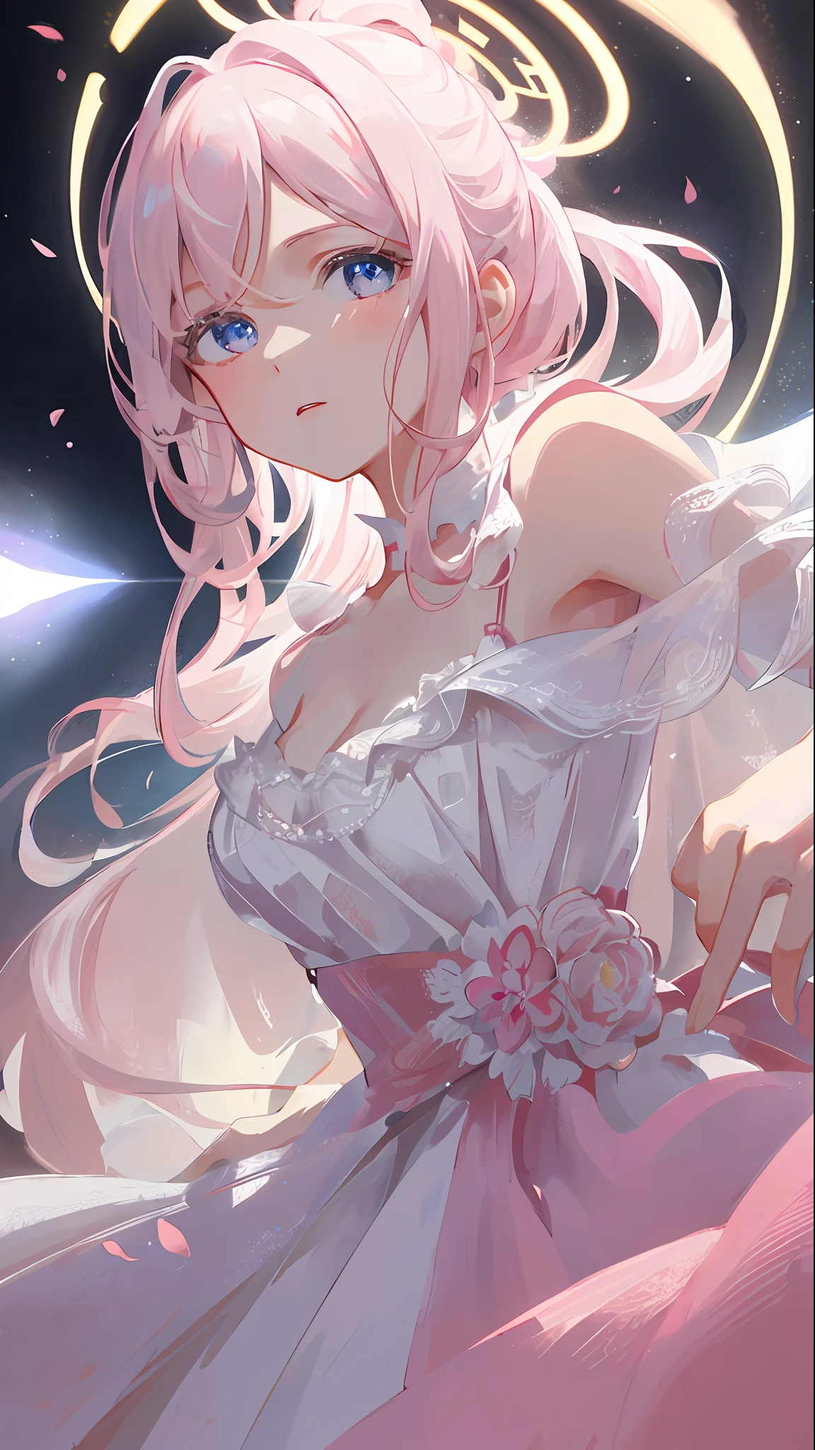 Masterpiece, Superb Painting, Illustration, Pink, White Dress, 1girl, Cute, (Dynamic Light: 1.2), Cinematic Light, Delicate Facial Features, Detailed Eyes, Sharp Pupils, Realistic Pupils, Depth of Field, Background Blur, Clear Focus, (Ultra Detailed, Halo, Glow: 1.4), White Hair, Cleavage, Straight Eyes, Blue Eyes, Double Ponytail