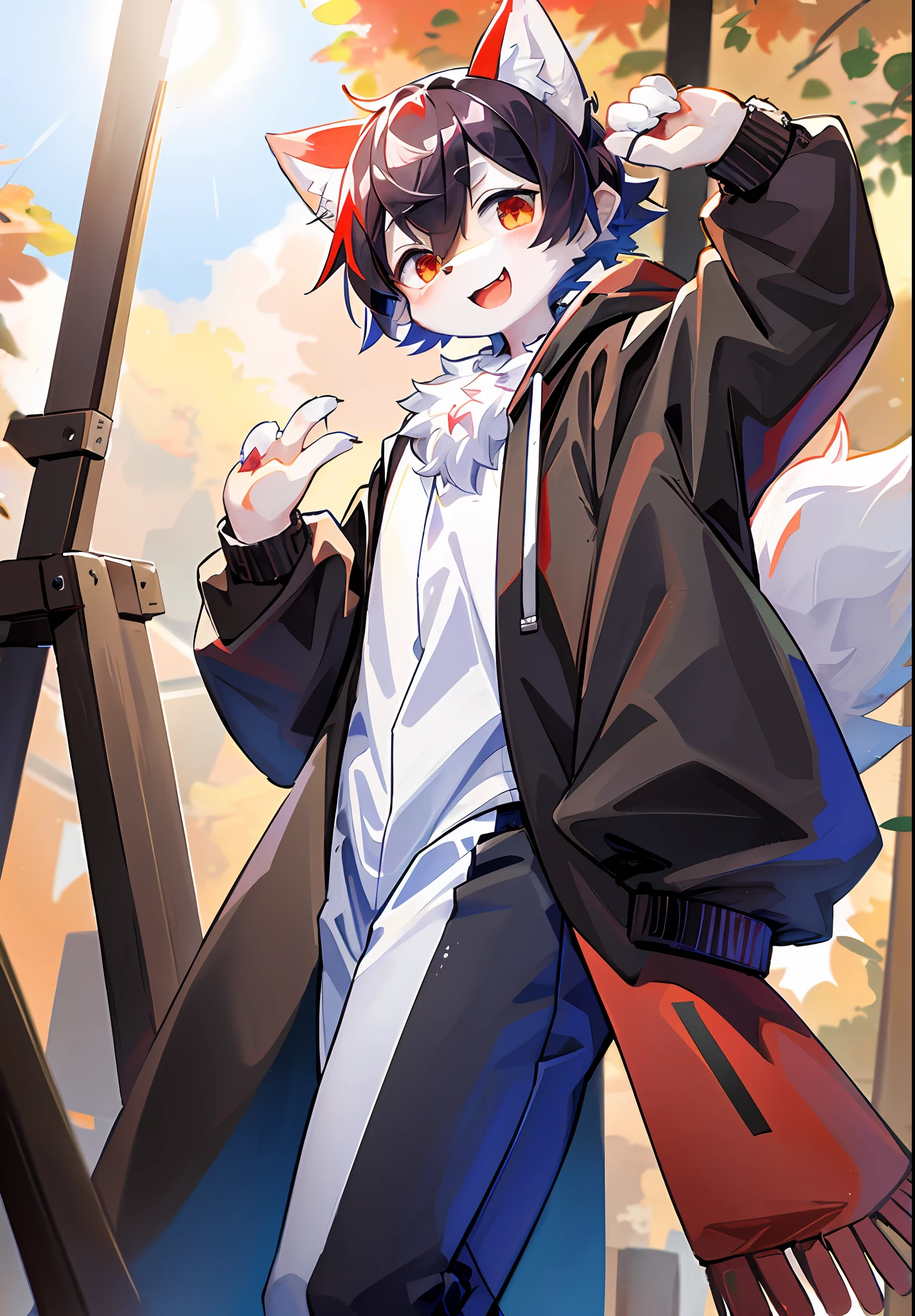 (masterpiece:1.3), (2D:1.0), (anime:1.0), (illustration:1.0), (sharp:1.2), (hard light:1.0), (shadow:1.0),(reflection, refraction:0.8), (light, dappled light, glare, lens flare, Tyndall effect: 1.0), (sharp, shiny: 1.0), (Best Quality: 1.2), (Ultra Fine: 1.0), (Extremely Complex: 1.0), (Blurred foreground, Cinematic Light, Ray Tracing: 1.1), (bright_colors, dark_intense_shadows: 1.1), (Impasto, Colorful: 1.2), (warm_light_from_below, glow_white_ particles:1.1),(Ensemble_Stars! _\(style\):0.95). wolf_boy,anthro,uploaded_on_e621,solo,upper_body,cowbow_shot,male_focus,furry_kemono,furry_male,cub,young_male,bishounen,11_years_old,kawaii,cute,fancy,fragile,cool, handsome. detailed_fluffy_fur,tuft,(white_fur,body_fur,oil_skin,skin_with_fluffy_fur:1.3),animal_nose,animal_ear_fluff,fluffy_paws,pawpads,animal_hand,fluffy_big_tail。 Black clothes printed with a maple leaf pattern. (White hooded cape, red and black hoodie: 1.5), short male hair, white hair, purple eyes, closed eyes, bangs, red dull hair, designed according to the character of Genshin Manyo, open mouth, laugh wildly, light blush, goggles, raised hand, holding red katana, red metal leg ring on the thigh of the right leg is short, bottomless, (combat: 1.2), looking at the left front. (night, starry_sky, crescent_moon, star_\(sky\), gem, plant, star_\(symbol\), sparkle), outdoors, blood stains, corpse,