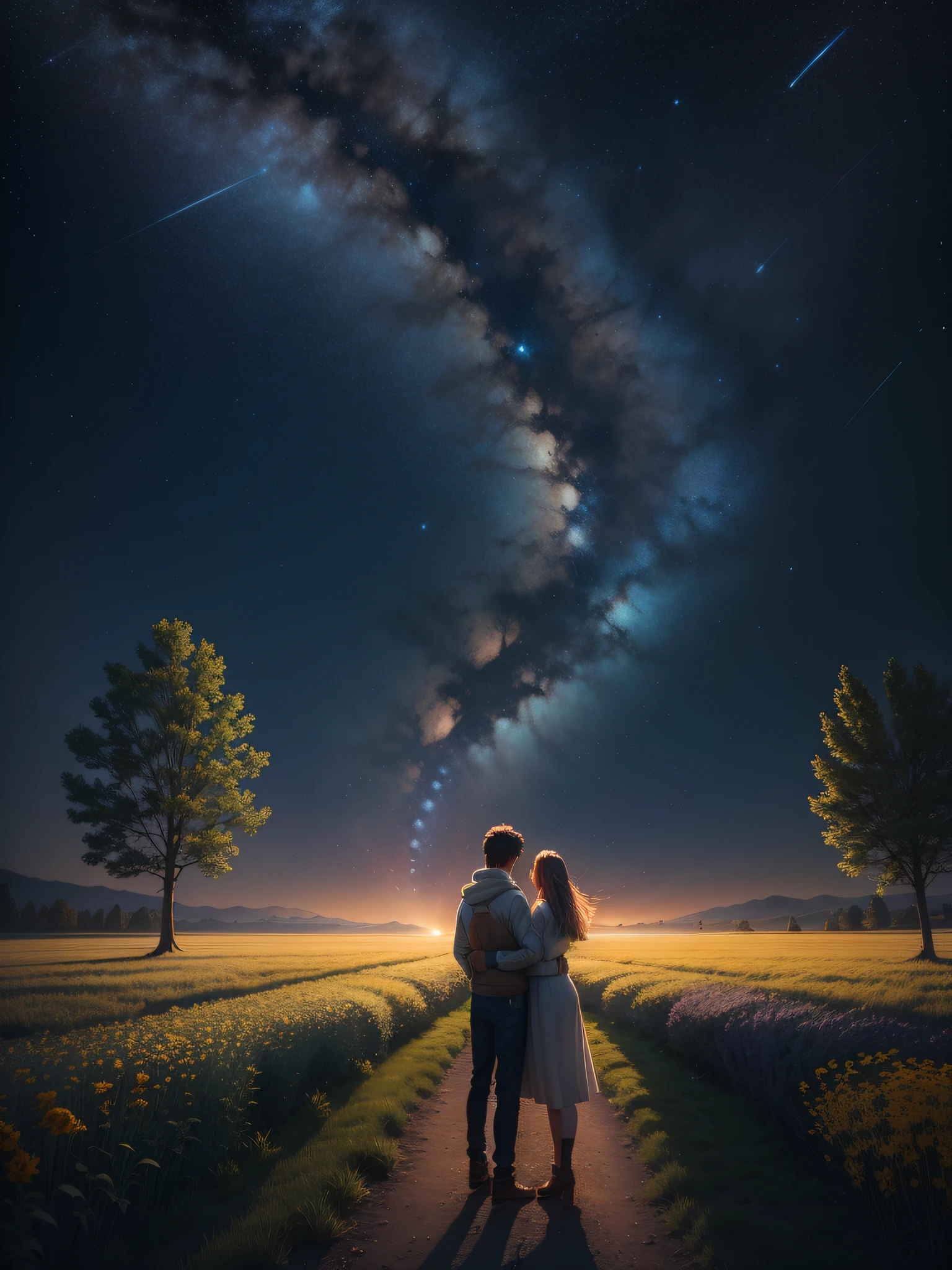 (8K, high resolution, cinematic),a captivating digital artwork that depicts a serene night scene, with a clear sky adorned with a myriad of twinkling stars. In the center of the composition, an empty field stretches out, dotted with a small, charming house. Standing amidst the field, a figure gazes upwards, captivated by the sight of a brilliant comet streaking across the night sky. The night sky should be filled with an abundance of stars, forming constellations that ignite the imagination. Allow the stars to twinkle and shimmer, infusing the scene with a sense of magic and wonder. The comet should shine brightly, leaving a radiant trail as it traverses the heavens. The field surrounding the house should be depicted with attention to detail, conveying a sense of tranquility and simplicity. Add elements of nature, such as gently swaying grass, a scattering of wildflowers, or a meandering path leading towards the house, to enhance the idyllic atmosphere. The figure standing in the field should be positioned to show their gaze fixed upon the comet, their face filled with awe and wonder. Capture their body language, conveying a sense of stillness and contemplation as they become engrossed in the celestial spectacle. Through meticulous attention to detail and atmospheric lighting, create an artwork that evokes a feeling of peace and fascination. The combination of the starry sky, serene field, and the presence of the comet will transport viewers to a place of contemplation, reminding them of the vastness and beauty of the universe