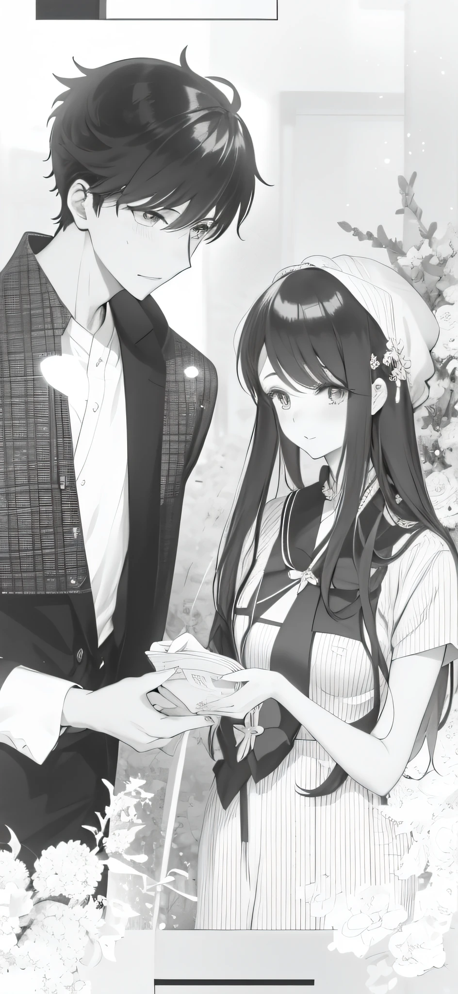 anime - style image of a man and a woman standing next to each other, black and white manga page, black and white manga style, shoujo manga, sui ishida art manga, black and white manga comic, black and white manga, black and white manga panel, vintage shoujo, japanese shoujo manga, shoujo romance, pin on anime