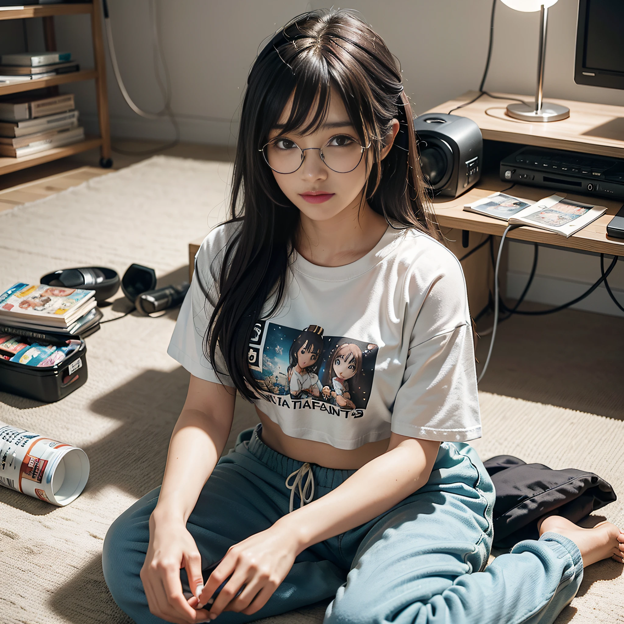 (8k, RAW photos, best quality, masterpieces, : 1.2), (realistic, photorealistic: 1.37), (1 girl, solo: 1.3), 18 years old Japan girls living in a dirty room, (dreamy, soft pastels, bedroom, cozy atmosphere, warm lighting: 1.2), anime otaku girls, black hair, short hair, (disheveled hair, unkempt hair: 1.3), bangs, smile, happy look, small bust, wearing glasses, (crop t-shirt with anime character print: 1.3), sweatpants, shorts, loungewear, headphones, sitting on the floor, scruffy posture, cross-legged, relaxed, cheerful, (heaped comics littered on the floor: 1.3), (littered with garbage, messy room, Clothes left undressed on the floor, empty cans lying on the floor: 1.3), (figure collection case, decorated with many anime character figures: 1.3), (many posters of anime characters on the wall: 1.3), stuffed animals, watching anime on the monitor, potato chips on the desk, spilled potato chips, Energy drinks on your desk, ultra-high resolution, physically based rendering, cinematic lighting, dynamic angles