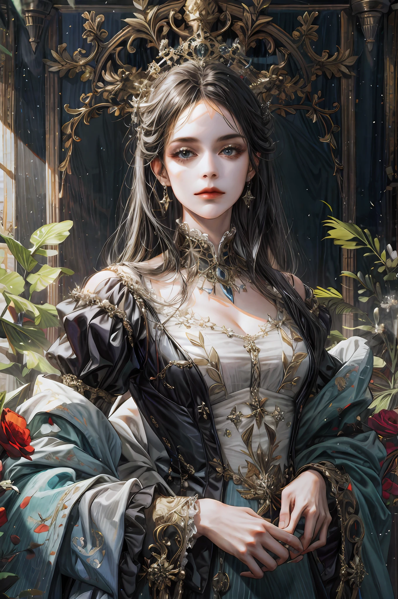 (absurdres, highres, ultra detailed), 1girl, solo, mature, Baroque, long dress, long sleeve, elegant, colorful, highest detailed, upper body