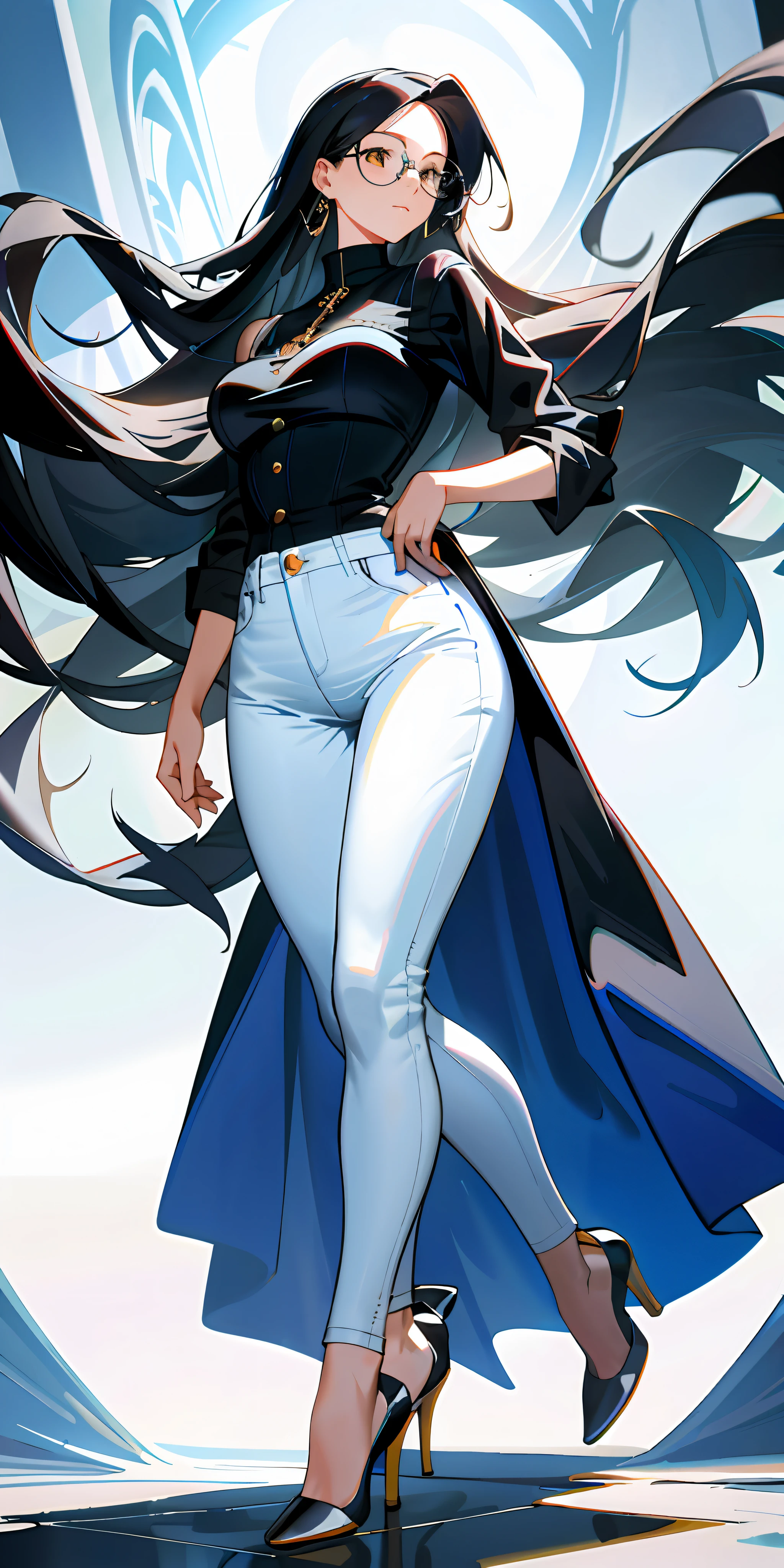 Best quality, masterpiece, super high resolution, original photo, a woman, white flowing long hair, blue jeans, high heels, black top, bare breast, busty figure, glasses,