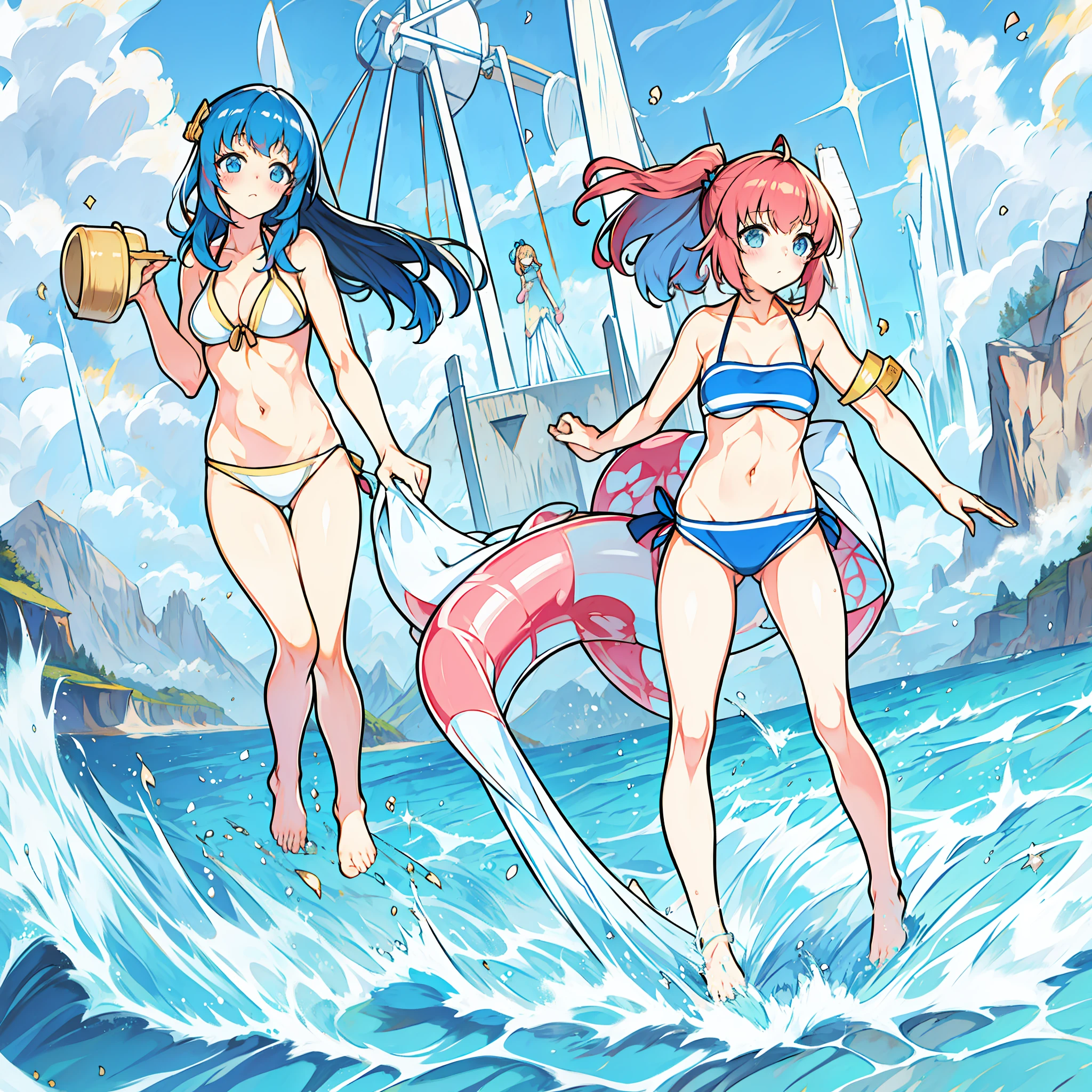 Lori, bikini, barefoot, flat chest, urinary incontinence, urine, blush, blue hair