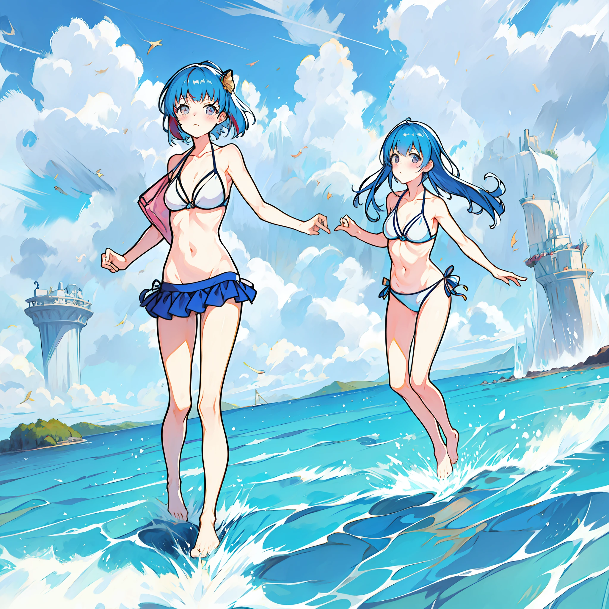 Lori, bikini, barefoot, flat chest, urinary incontinence, urine, blush, blue hair