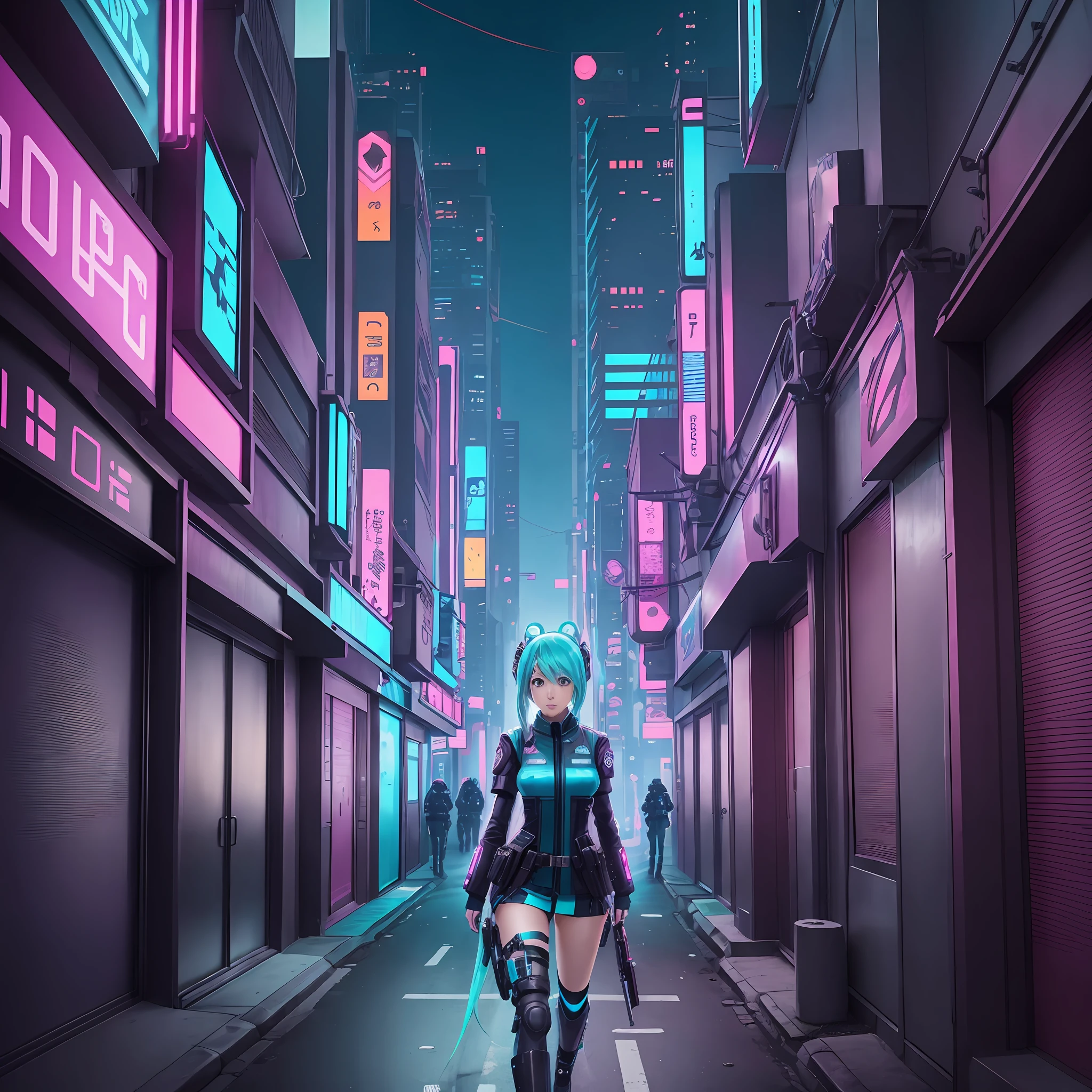 woman in police uniform walking down a street, Hatsune Miku cosplay, female cyberpunk anime girl, cyberpunk anime, cyberpunk anime girl, anime cosplay, cyberpunk girl, anime girl in real life, cyberpunk streets in, cyberpunk style, cyberpunk outfit, has cyberpunk style, oppai cyberpunk, full cosplay --auto --s2