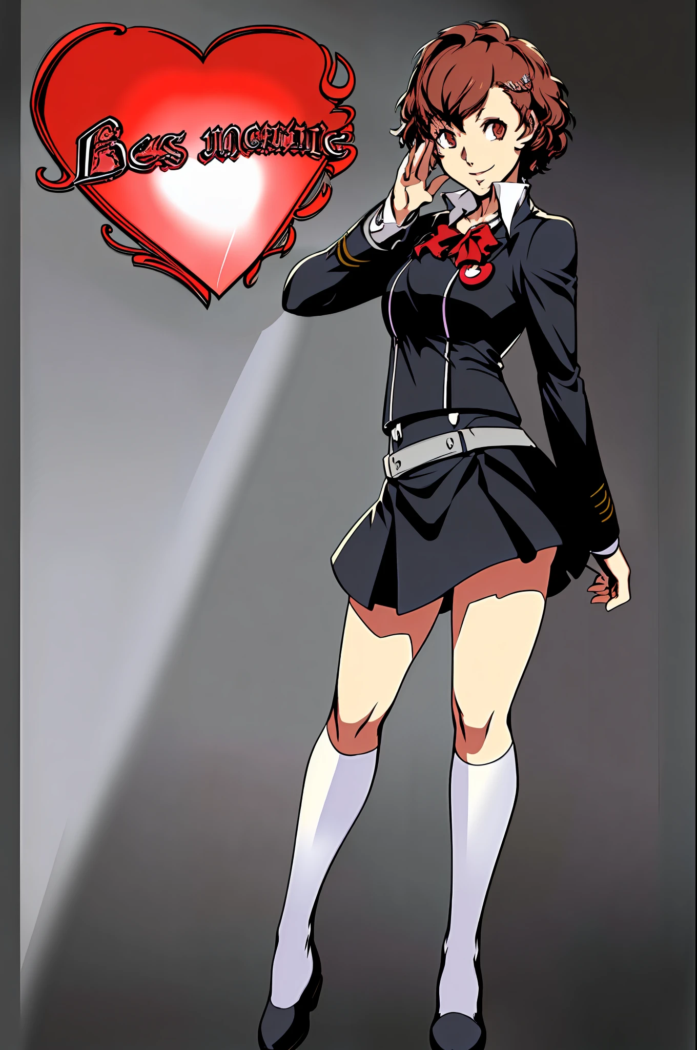 (School uniform, full body):0.8, short hair, smile, hand on hip, 1girl.