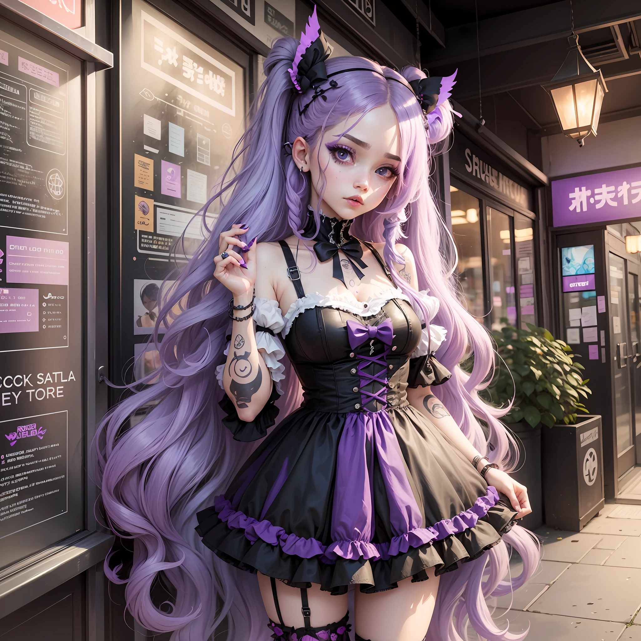 girl, 25 years old, purple hair with a bow in the middle of it, belle delphine, lilac hair, long wavy purple hair, anime girl in real life, realistic cosplay, long purple hair, long violet hair, long purple hair, long long purple hair, long light purple hair, pastel gothic aesthetic, long violet hair, she has purple hair, pastel gothic, looks like a mix of grimes, cyberpunk, lolita, kuromi tattoo, pastel colors, full body, lolita clothing, pastel gothic, kawaii, cyberpunk clothing, haeajuku, harajuku scenery, cute coffee shop, cuteness, makeup, nosebleed, bright pupils, heart in eye, Surrealism, sparkle, Surrealism, high details, high details --auto --s2