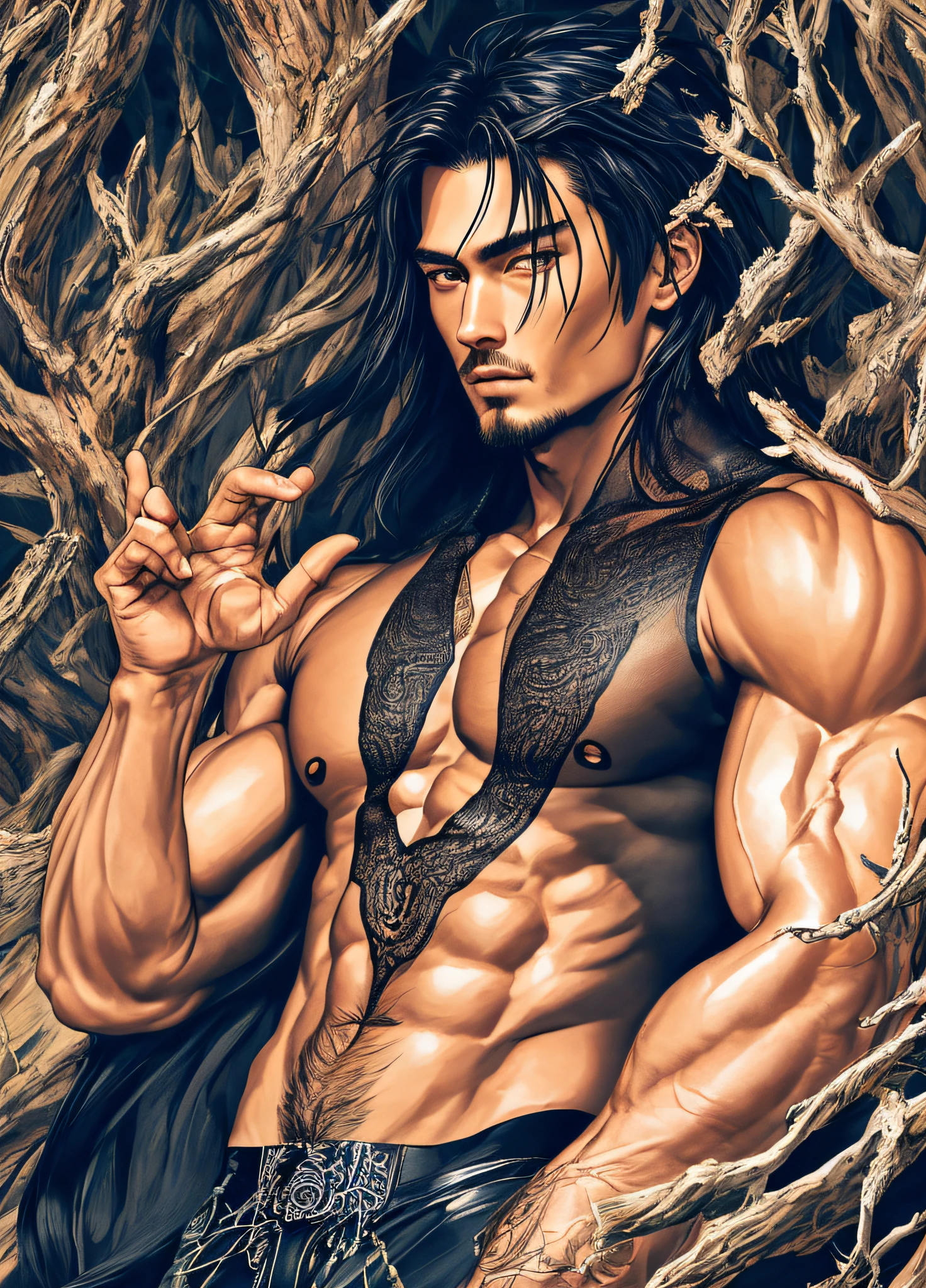 (by Yuko Higuchi, 1.4), Yuko Higuchi, (by Yoh:1.2), (Masterpiece, Best Quality, Official Fine Art, Beauty and Aesthetics :1.2), (Super Detail), Fine Detail, Best illustration, Hand-drawn high quality, (high contrast), (Clean Lines :1.3), (Line art), Line drawing, (complex lines), ligne claire, fractal art, strokes, Ukiyo-style, (full-length portrait, extreme close-up :1.1), (Muscular man, wearing only a see-through ????? :1.1)(He is surrounded by dead trees :1.1), supermodel's perfect features, full body display (close-cropped hair, stubble), Corpose MONEY BOY, surround composition, flat ?????, mysterious night, extremely provocative and ???? (adds detail), (detail background :1.2), (color), high resolution, extreme detail portrayal