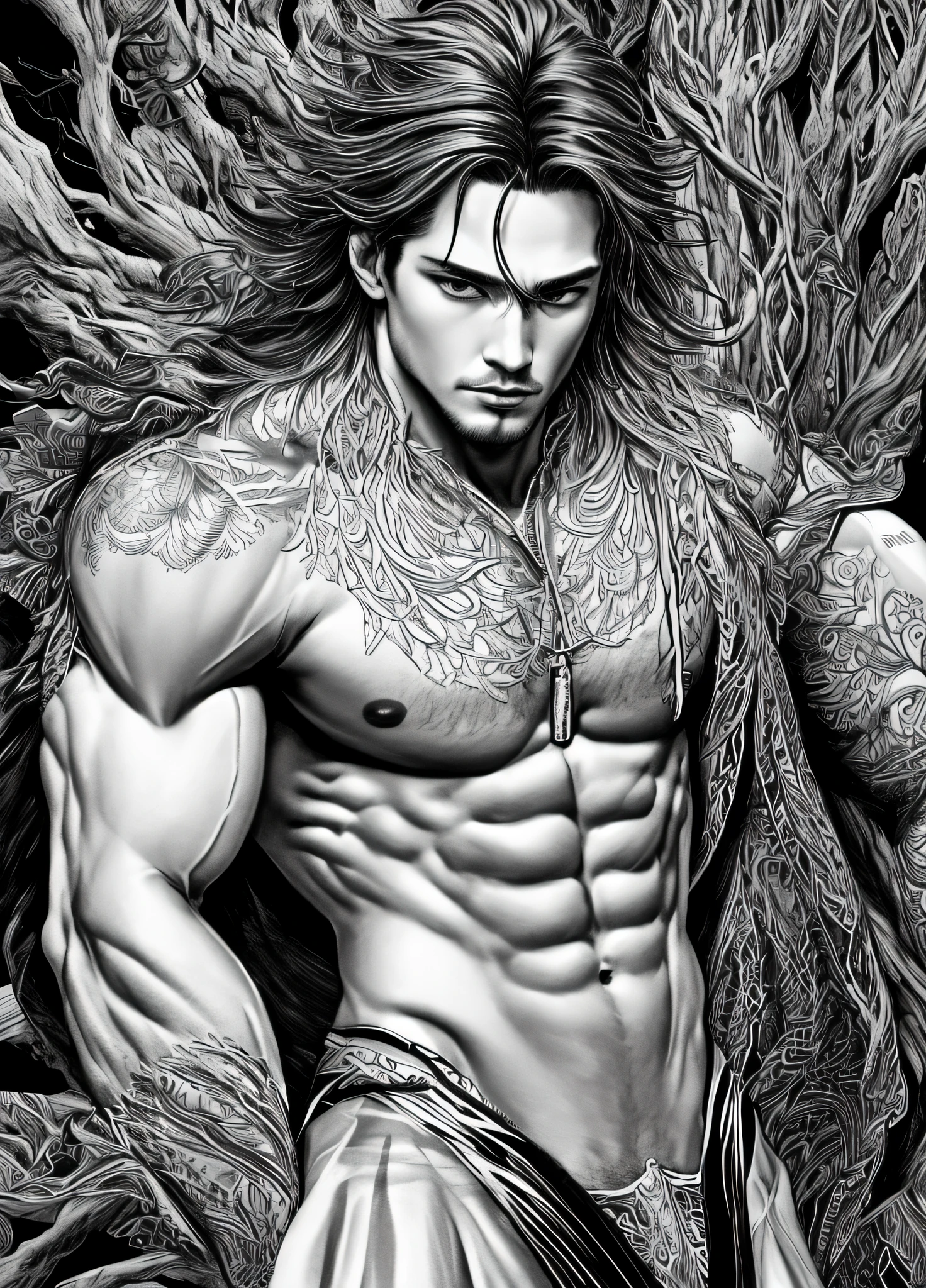 (by Yuko Higuchi, 1.4), Yuko Higuchi, (by Yoh:1.2), (Masterpiece, Best Quality, Official Fine Art, Beauty and Aesthetics :1.2), (Super Detail), Fine Detail, Best illustration, Hand-drawn high quality, (high contrast), (Clean Lines :1.3), (Line art), Line drawing, (complex lines), ligne claire, fractal art, strokes, Ukiyo-style, (full-length portrait, extreme close-up :1.1), (Muscular man, wearing only a see-through thong :1.1)(He is surrounded by dead trees :1.1), supermodel's perfect features, full body display (close-cropped hair, stubble), Corpose MONEY BOY, surround composition, flat chest, mysterious night, extremely provocative and sexy (adds detail), (detail background :1.2), (color), high resolution, extreme detail portrayal