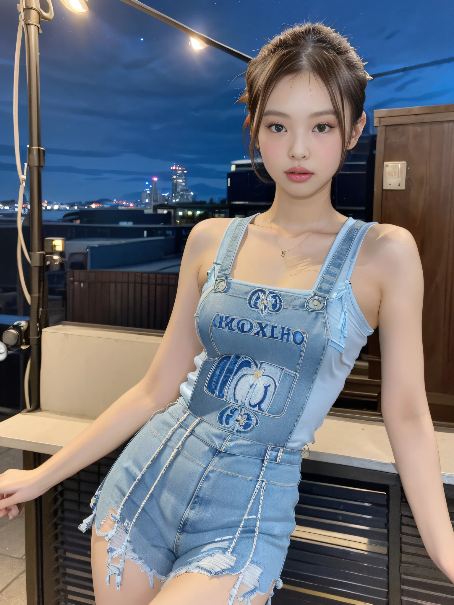 ((Night view, realistic light, best quality, 8k, masterpiece: 1.3)), 1girl, beautiful woman with slim figure, brown hair, ponytail, wearing light blue suspenders, skirt, embroidered phoenix pattern, sleeveless, sexy, cleavage, split end, long legs, standing pose, close-up, ultra-detailed face, detailed eyes, double eyelids