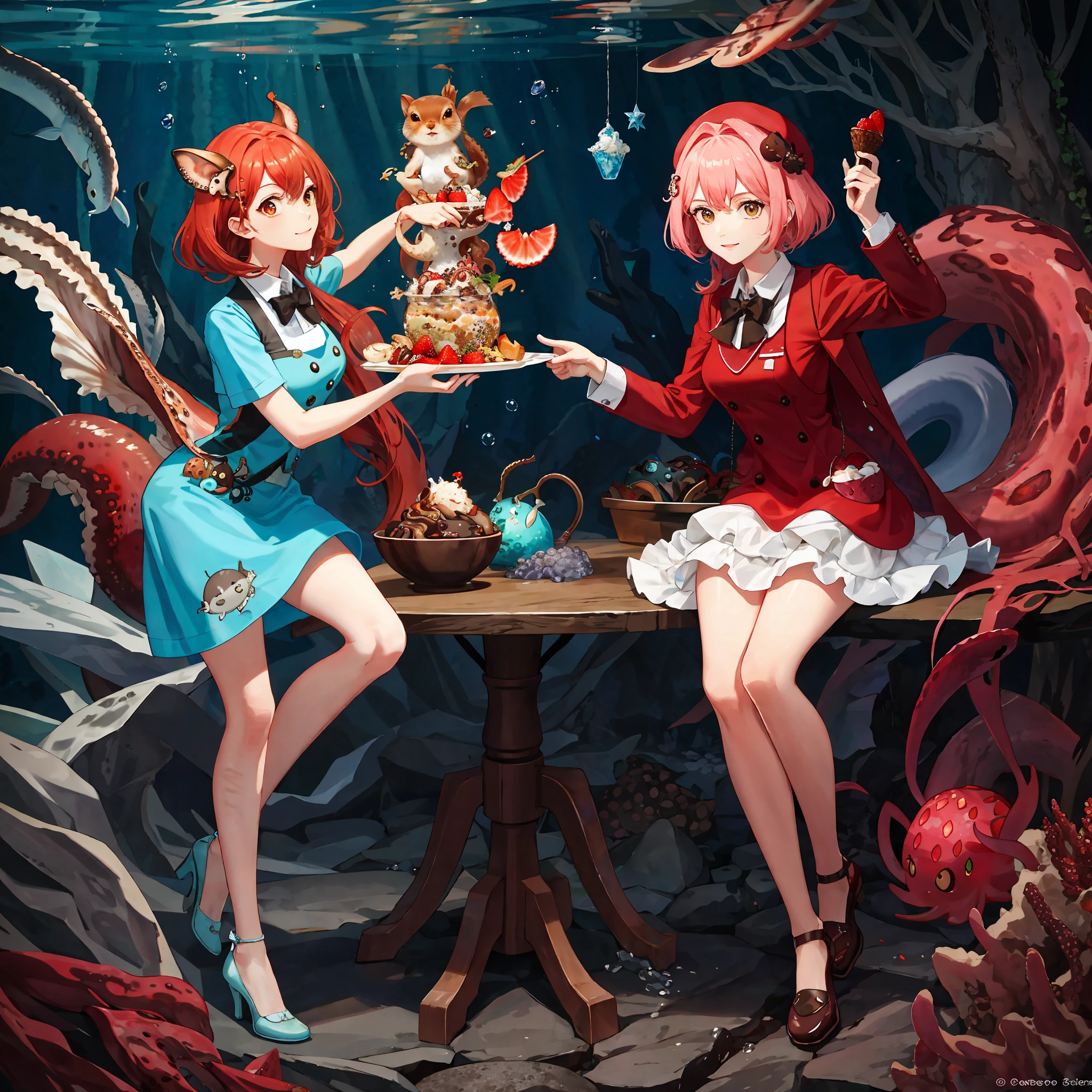 Sea bottom full of fish, with octopus, a squirrel with aquatic clothing, and a strawberry ice cream with chocolate syrup and granules with caramel