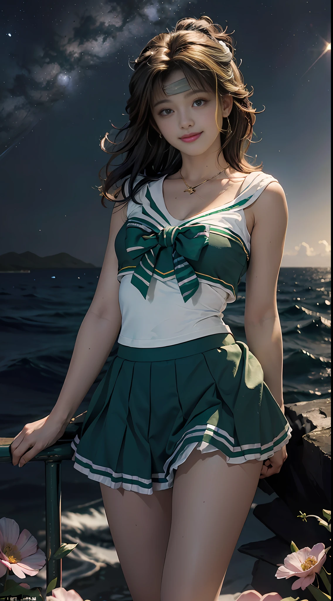 Best Quality, Masterpiece, Ultra High Resolution, (Realisticity: 2), Original Photo, 16K, 1girl, Bare Shoulder, ((Sailor Jupiter Sailor Jupiter: 2)), Cosmic Background, Jupiter, Sea of Flowers, Smile,