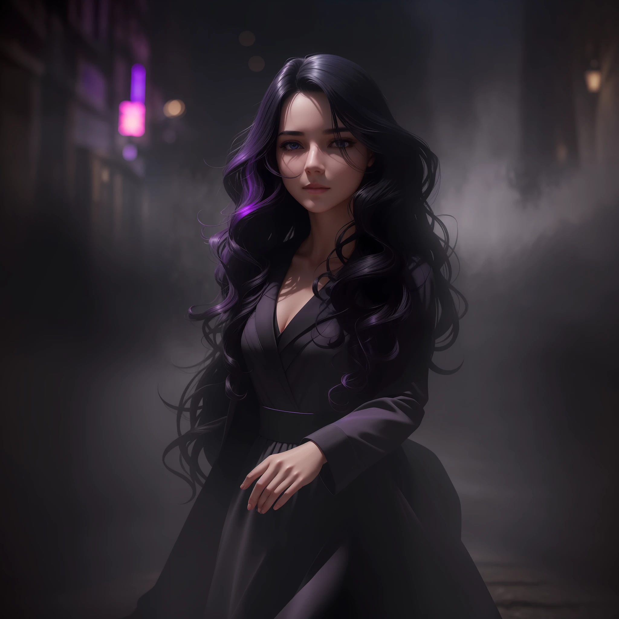 Woman walking head-on down a road at night, with fog and shadows, wavy and long black hair, detailed hand and fingers, high quality, ultra-detailed, 8k, masterpiece, (volumetric lighting), black magic, fanciful, lilac colors, purple, black and vivid shadows on the woman's return. --auto --s2