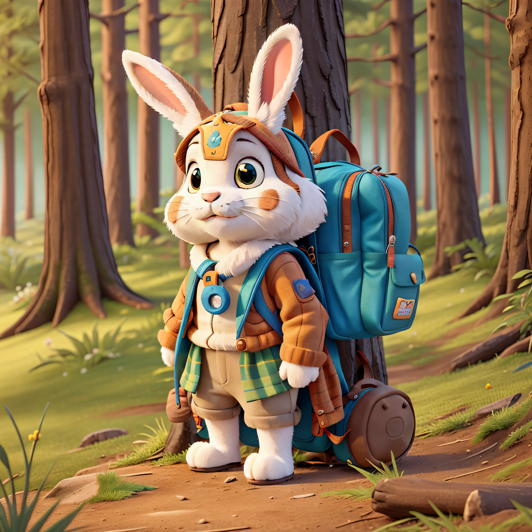 Adventurous bunny, cuddly and very cheerful, adventurous clothes and backpack, coast on the forest walk