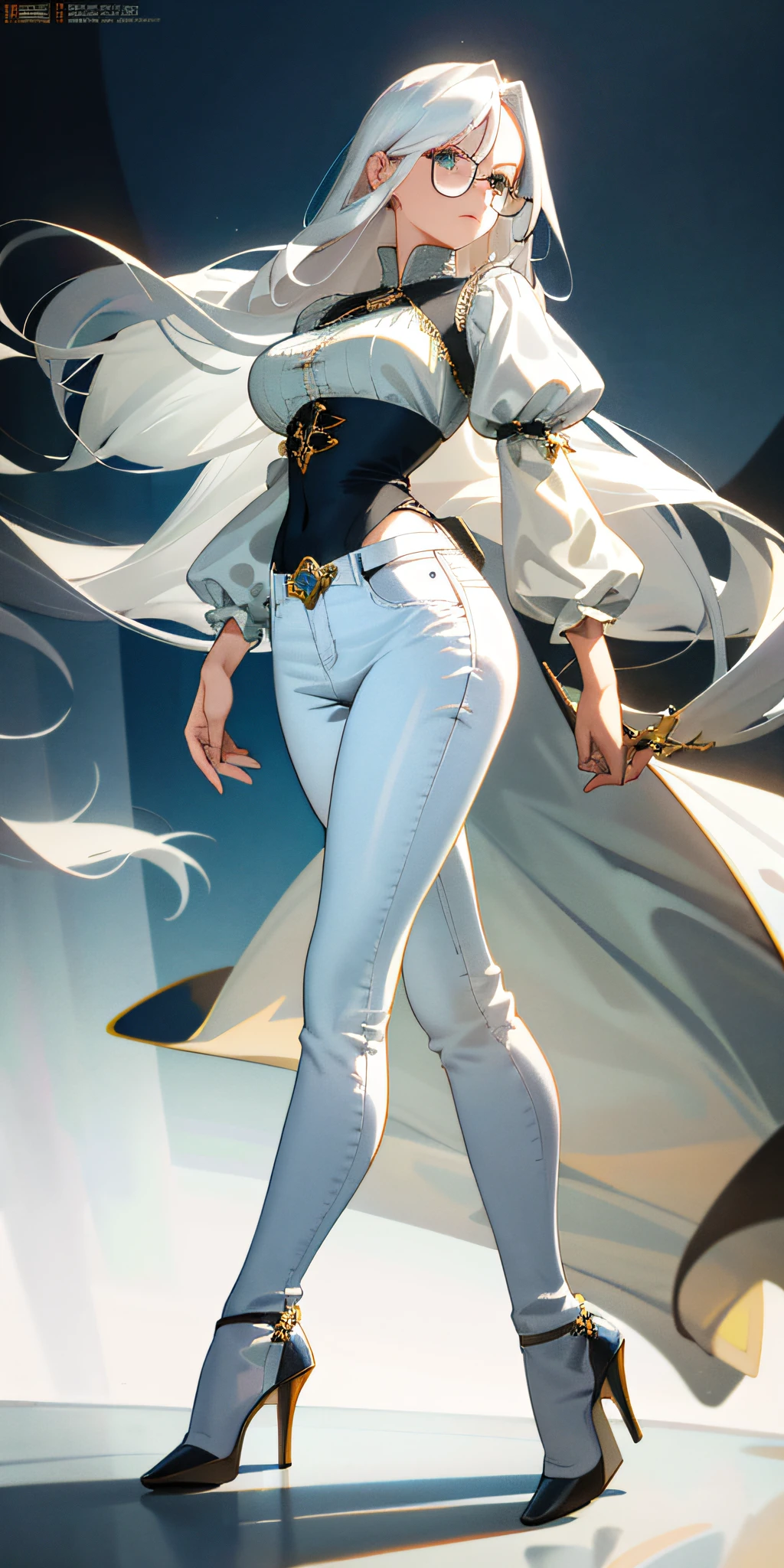Best quality, masterpiece, super high resolution, original photo, a woman, long flowing white hair, blue jeans, high heels, exposed bodice, busty figure, glasses
