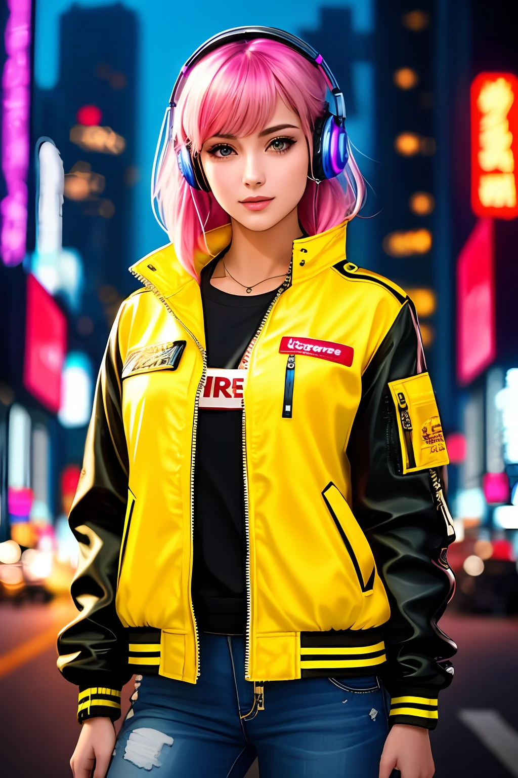 (Masterpiece, Top Quality, Best Quality, Extreme Detail, Supreme Detail, Official Art, Beauty and Aesthetics: 1.2), Colorful, (Fine Eyes: 1.1), Beautiful Face, Perfect Body, 1 Girl, Solo, Night City, City, City, Street, Black | Yellow Bomber Jacket, (Neon: 1.1), Small Tits, Upper Body, SFW, Star, (Headphones: 1.1), (Cyberpunk: 1.1), (Science Fiction: 1.1), Smiley