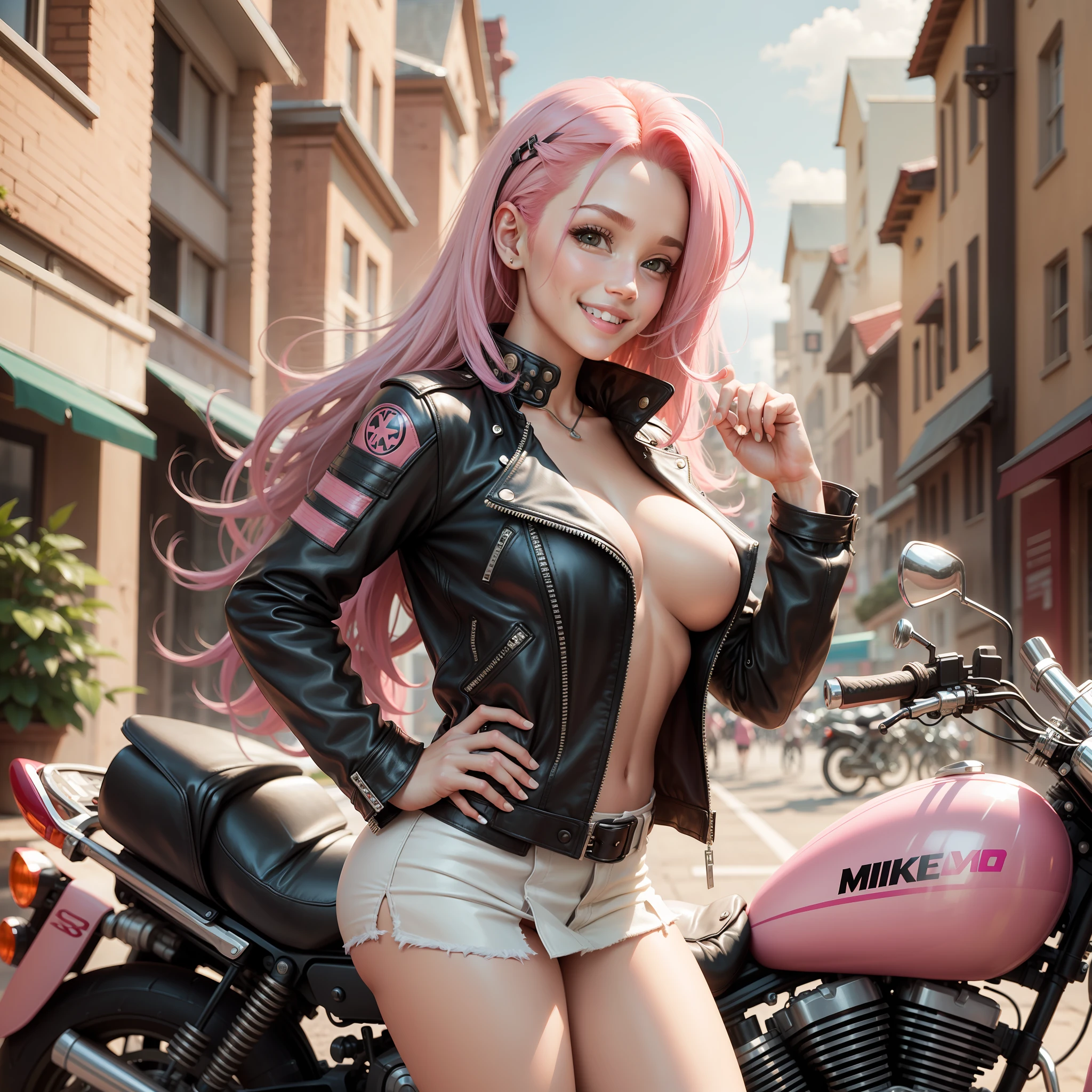Girl  Leather Jacket Smiling Best Quality Motorcycle Masterpiece Pink Hair Big T Hair