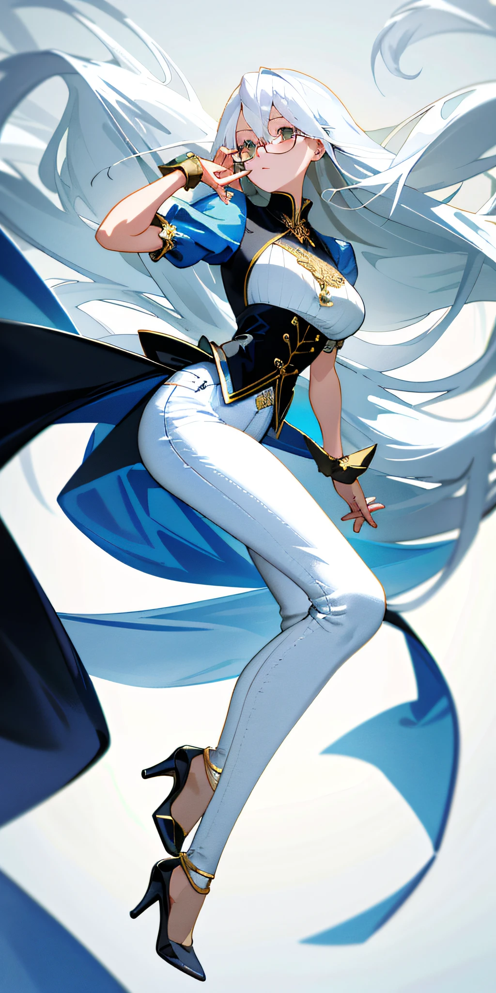 Best quality, masterpiece, super high resolution, original photo, a woman, long flowing white hair, blue jeans, high heels, exposed bodice, busty figure, glasses