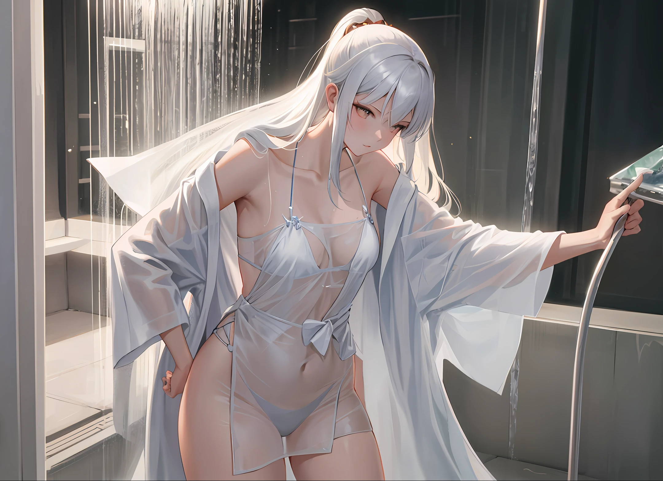 Bathroom, Asian beauty, delicate makeup, delicate and refined skin, perfect body proportions, wet dressing gown, wet body, low-cut dressing, shower, silky transparent dressing gown