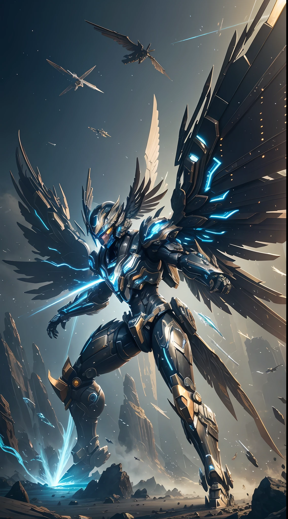 Steampunk style, cold tones, cinematic effects, huge sci-fi mecha, pure black mecha with strong metallic luster, metallic wings on the back, wings are feathers and layered, holding Fang Tianji, Fang Tianji particle light, Fang Tianji particle special effects, aesthetic, scattered, combat posture, battle posture display, super details, perfect details, 8K, top painting, feature article, studio environment, concept art, epic composition, with HD details, metallic texture and tension composition, hyper-realistic, ultra-realistic, rich in details.3D. C4D,