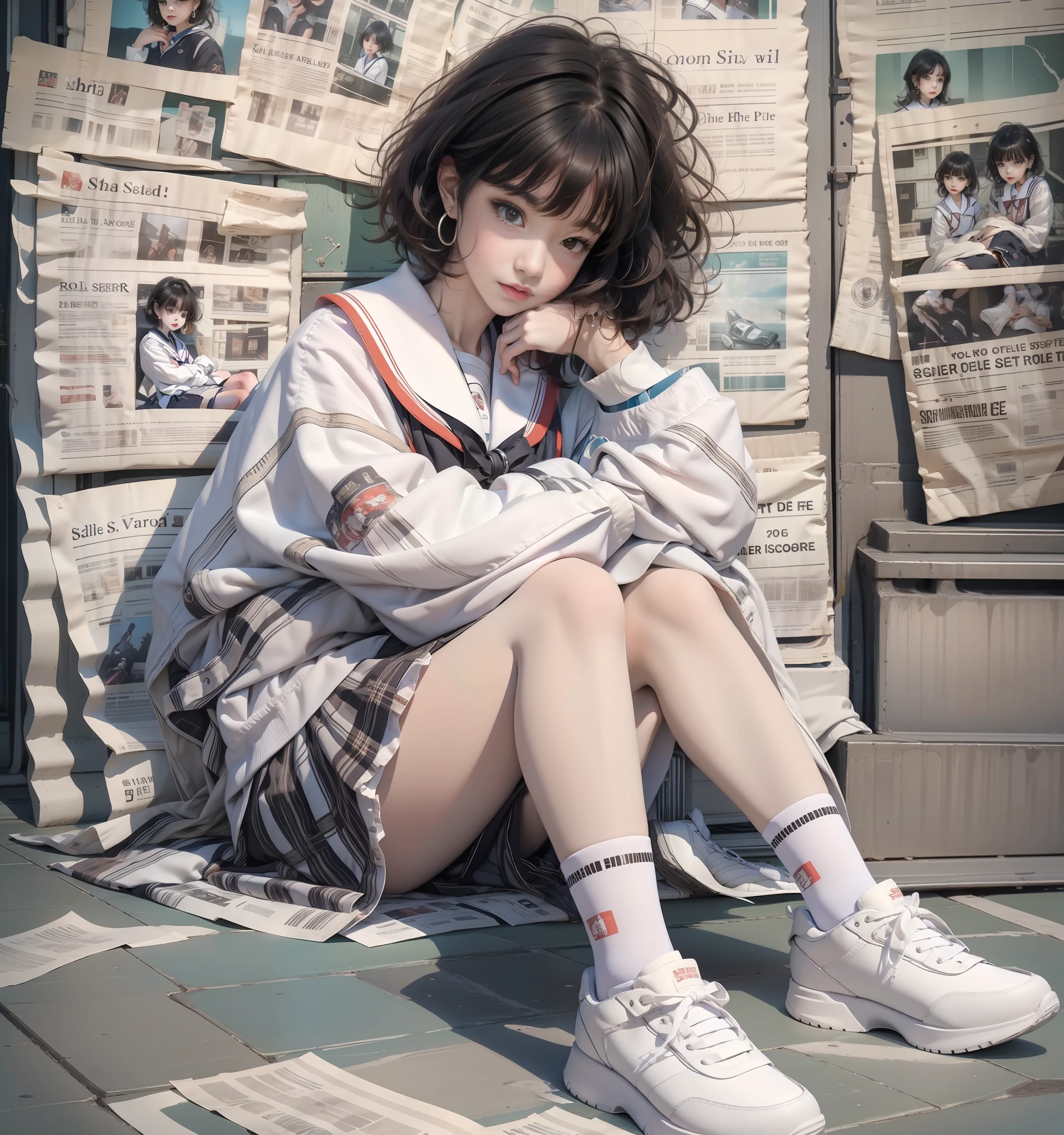 1girl, solo, sitting, shoes, looking at viewer, skirt, newspaper, sailor collar, socks, head rest, jewelry, sneakers, short hair, earrings, black hair, long sleeves, shirt, bangs, brown hair, brown eyes, full body, white socks, serafuku, school uniform, white footwear