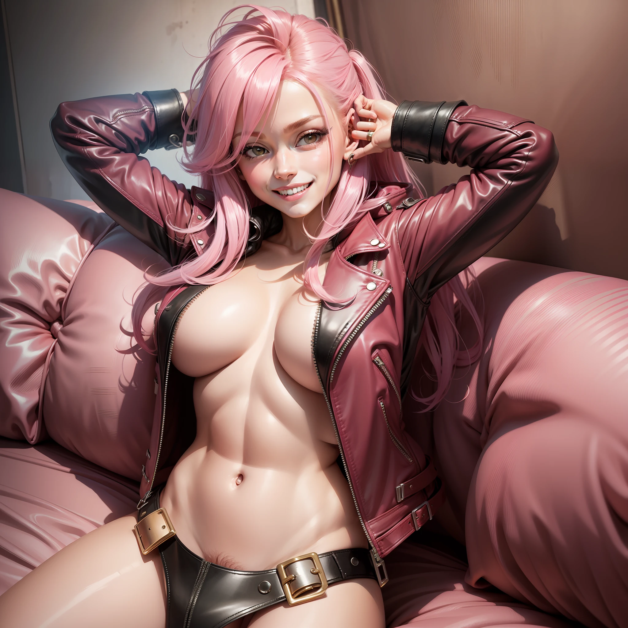 Girl Naked Leather Jacket Smiling Best Quality Masterpiece Pink Hair Big Tits Long Hair