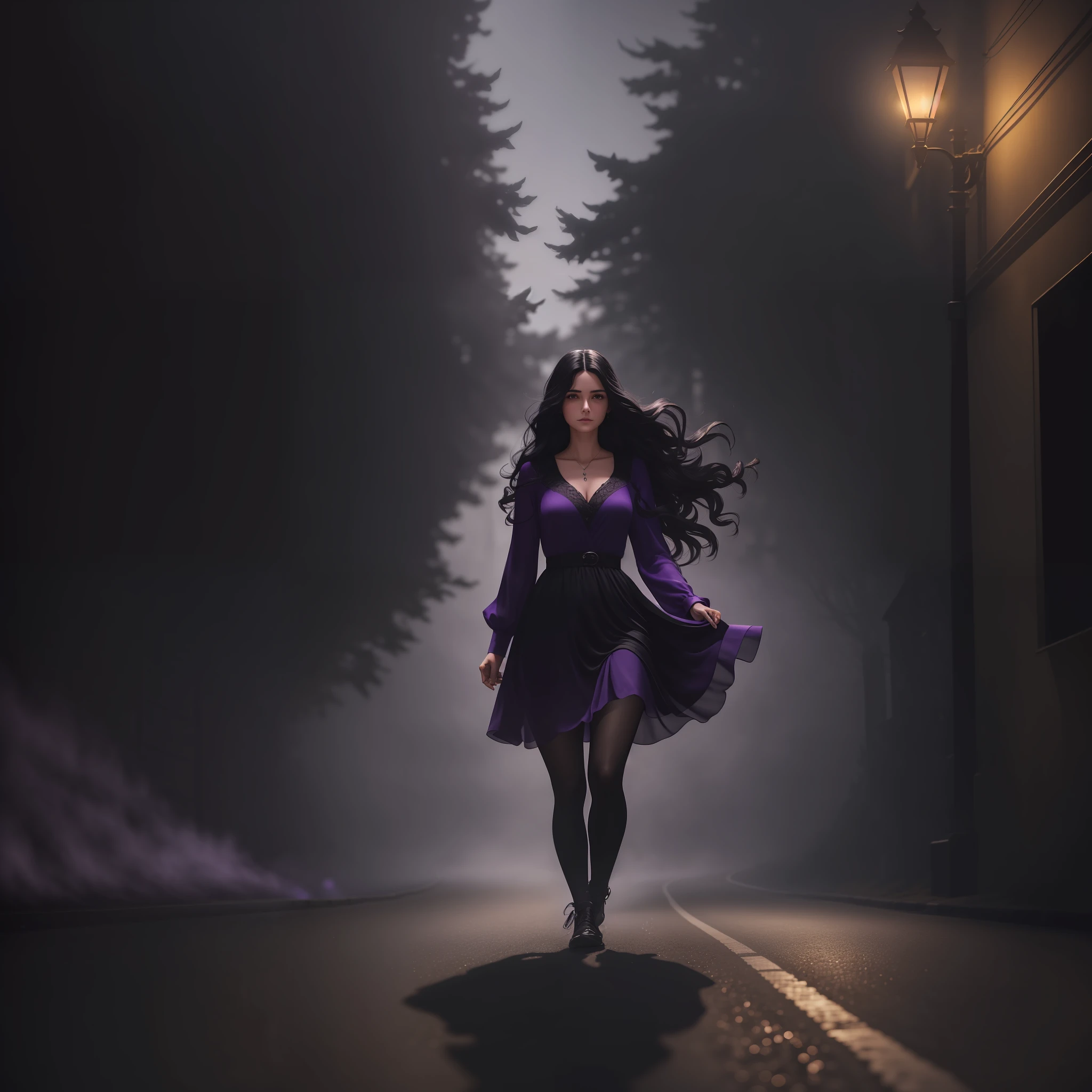 Woman walking head-on down a road at night, with fog and shadows, wavy and long black hair, detailed hand and fingers, high quality, ultra-detailed, 8k, masterpiece, (volumetric lighting), black magic, fanciful, lilac colors, purple, black and vivid shadows on the woman's return. --auto --s2
